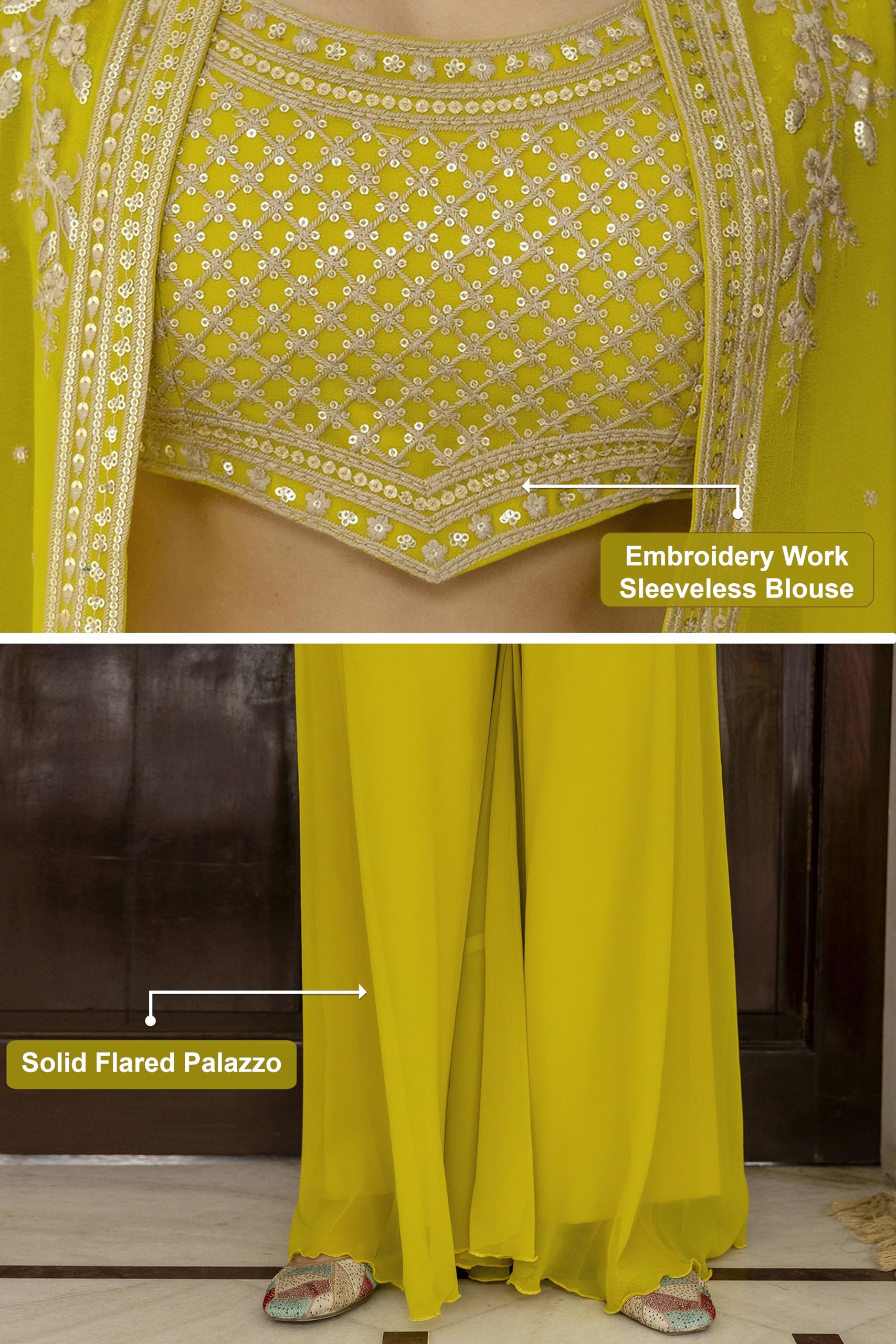 TRENDMALLS Women's Georgette Embroidery Crop Top with Flared Pleated Palazzo and Shrug Set - Image 5