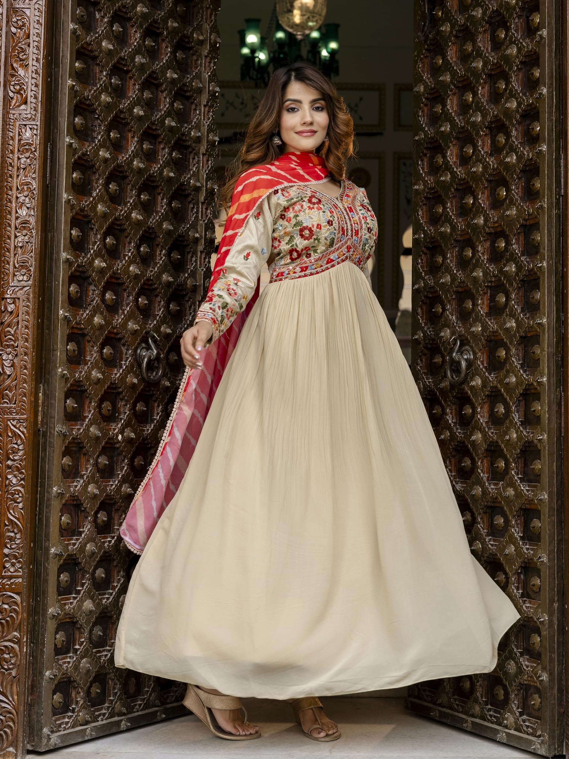 TRENDMALLS Women's Georgette Embroidery Sequence work Anarkali Kurta Pant Set with Dupatta for Women (G284-OffWhite-3XL) - Image 3