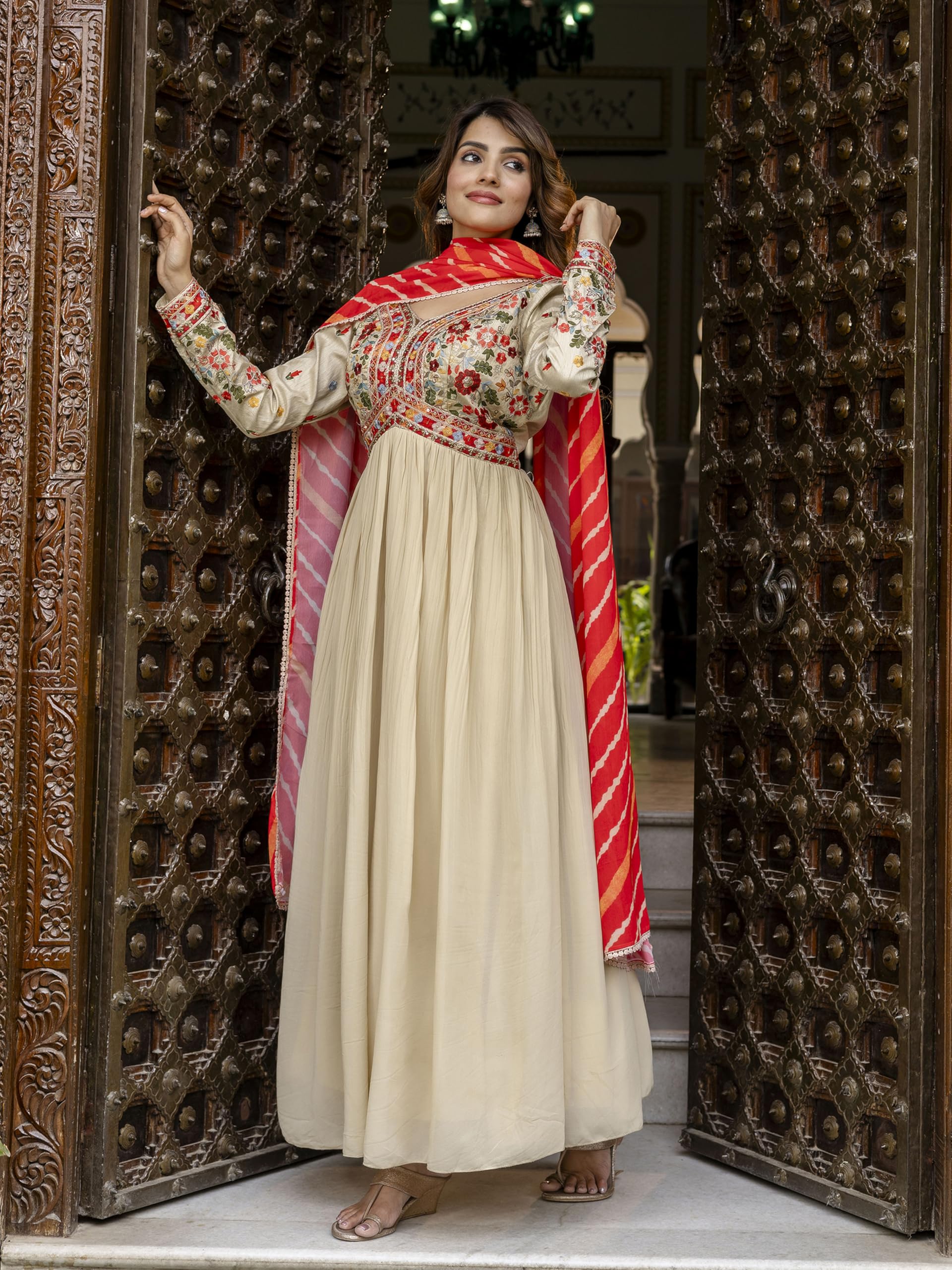 TRENDMALLS Women's Georgette Embroidery Sequence work Anarkali Kurta Pant Set with Dupatta for Women (G284-OffWhite-3XL) - Image 4