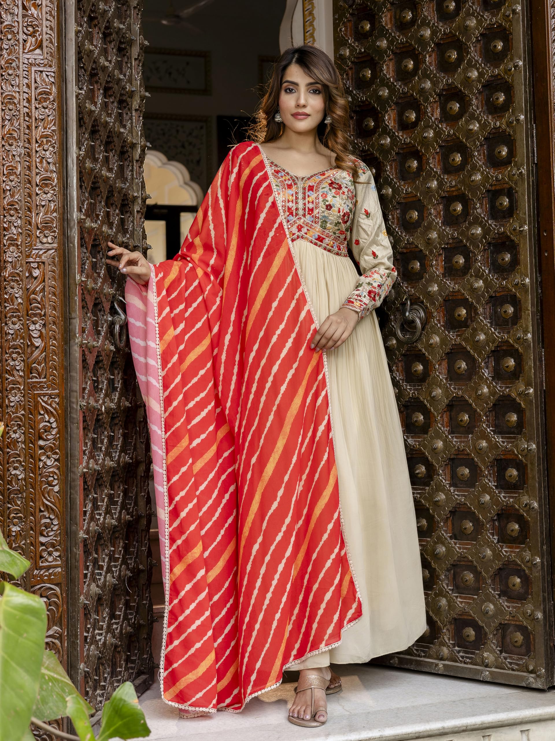 TRENDMALLS Women's Georgette Embroidery Sequence work Anarkali Kurta Pant Set with Dupatta for Women (G284-OffWhite-3XL) - Image 5