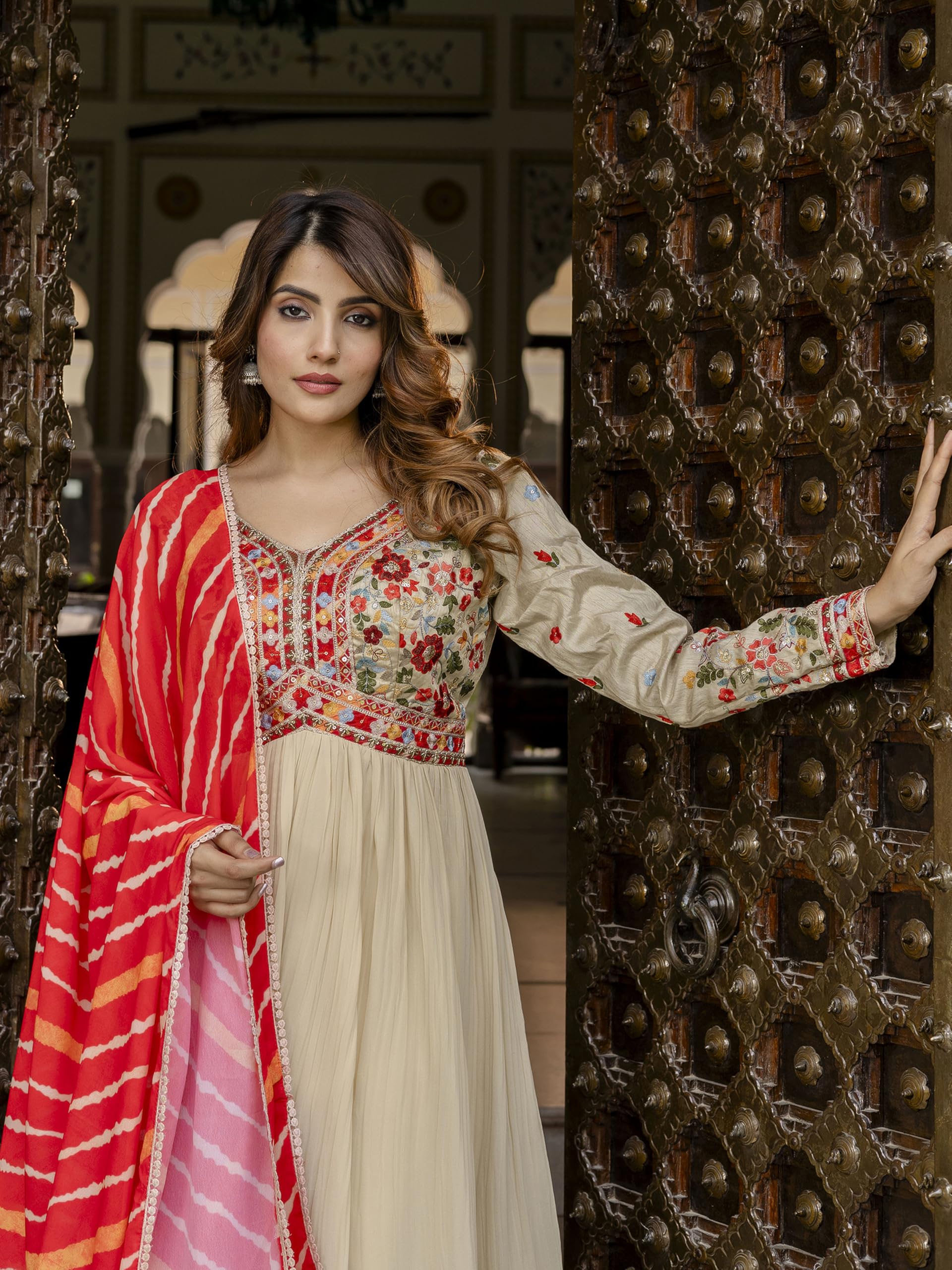 TRENDMALLS Women's Georgette Embroidery Sequence work Anarkali Kurta Pant Set with Dupatta for Women (G284-OffWhite-3XL) - Image 6