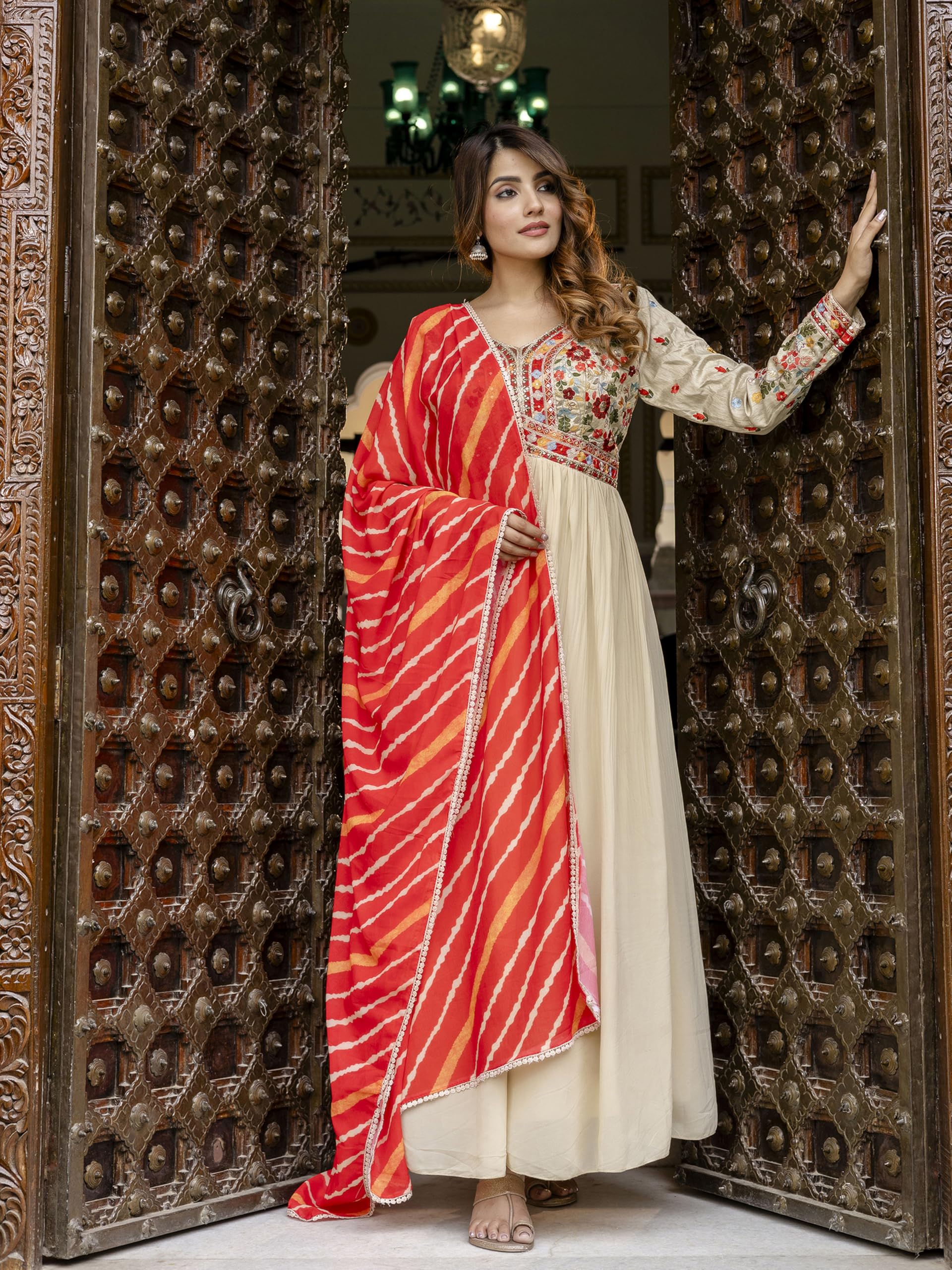 TRENDMALLS Women's Georgette Embroidery Sequence work Anarkali Kurta Pant Set with Dupatta for Women (G284-OffWhite-3XL) - Image 7