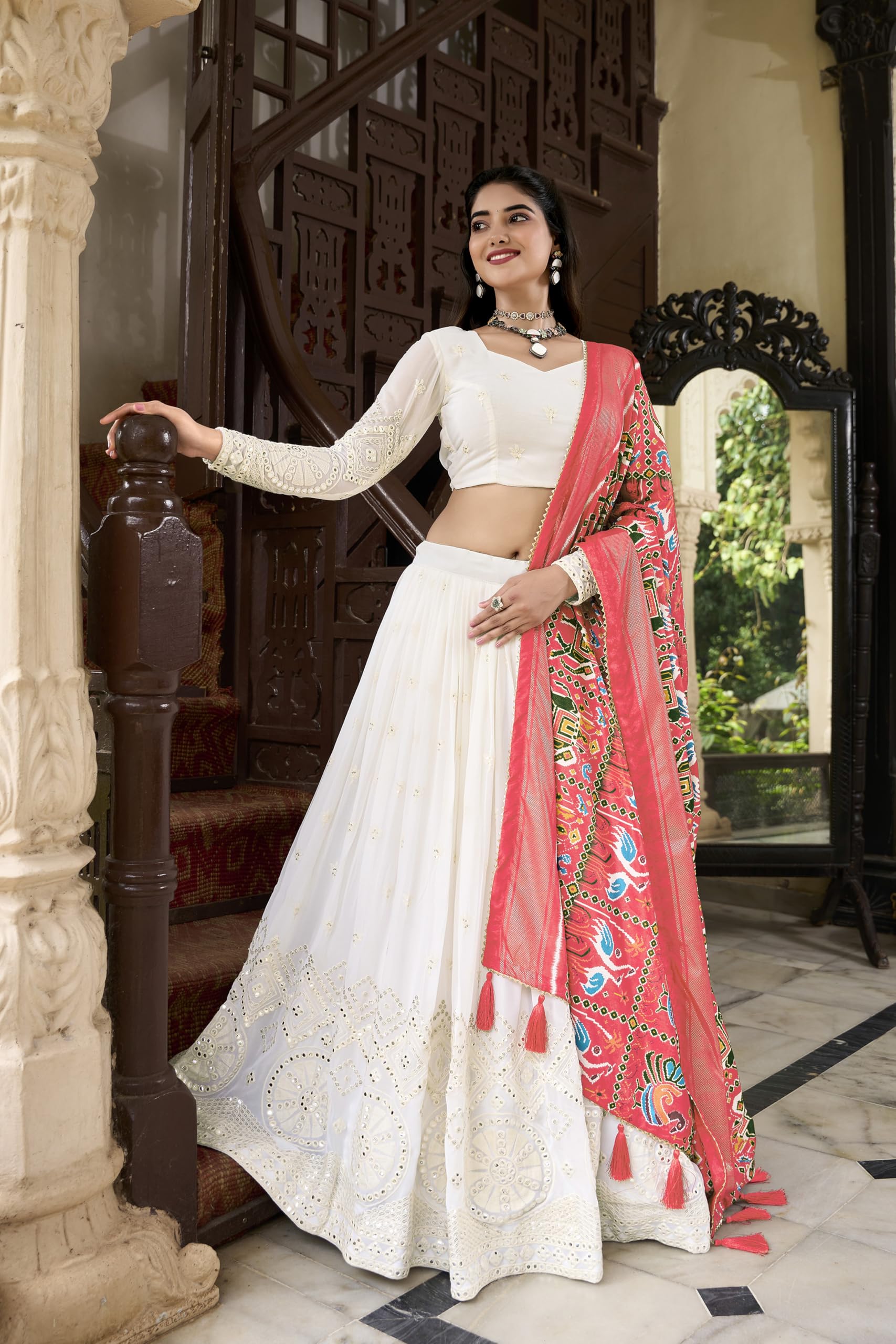 TRENDMALLS Women's Georgette Embroidery Sequence Work Lehenga Choli Unstitch Blouse With Dupatta Free Size - Image 3