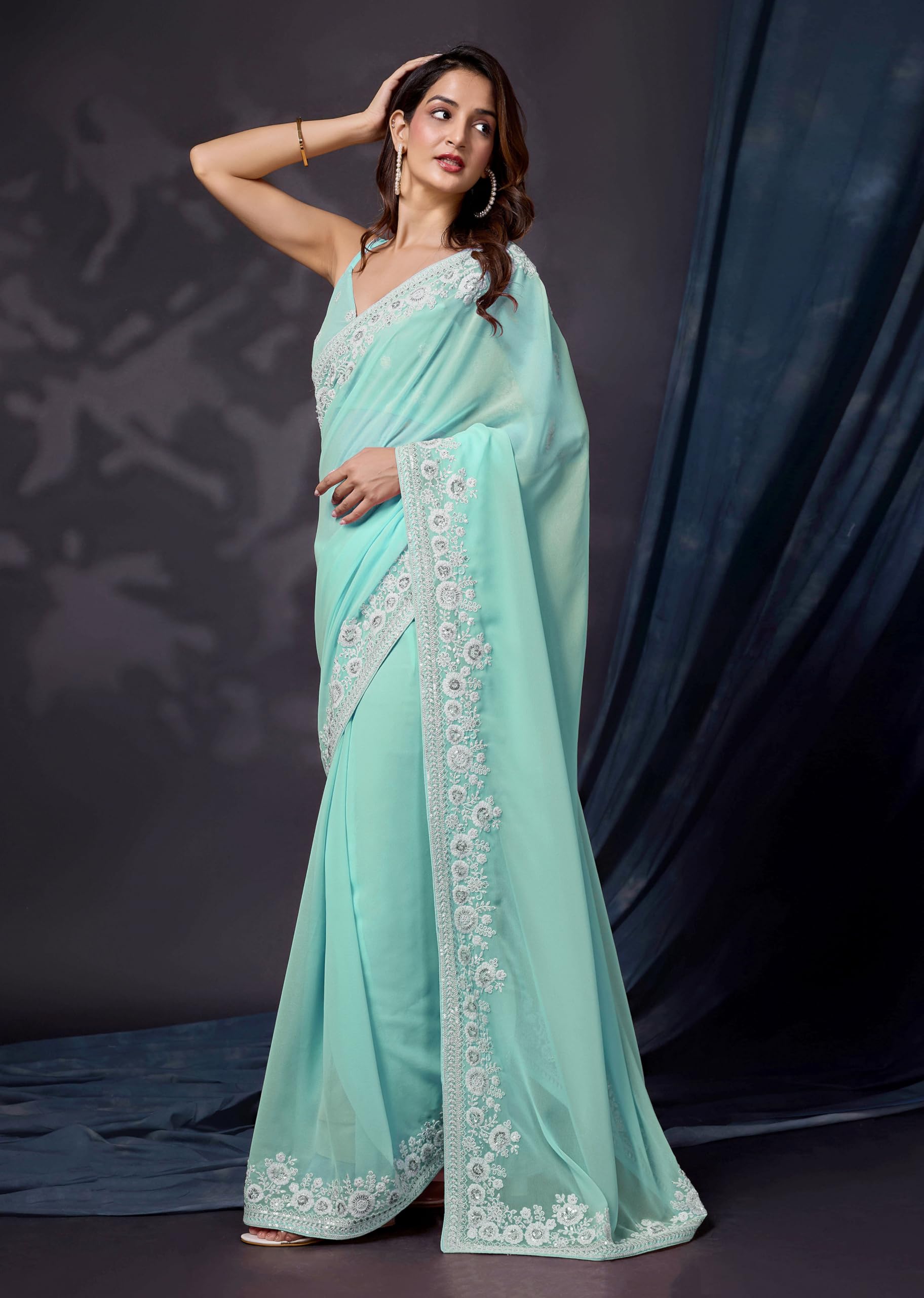 TRENDMALLS Women's Georgette Embroidery work Saree for women - Image 8