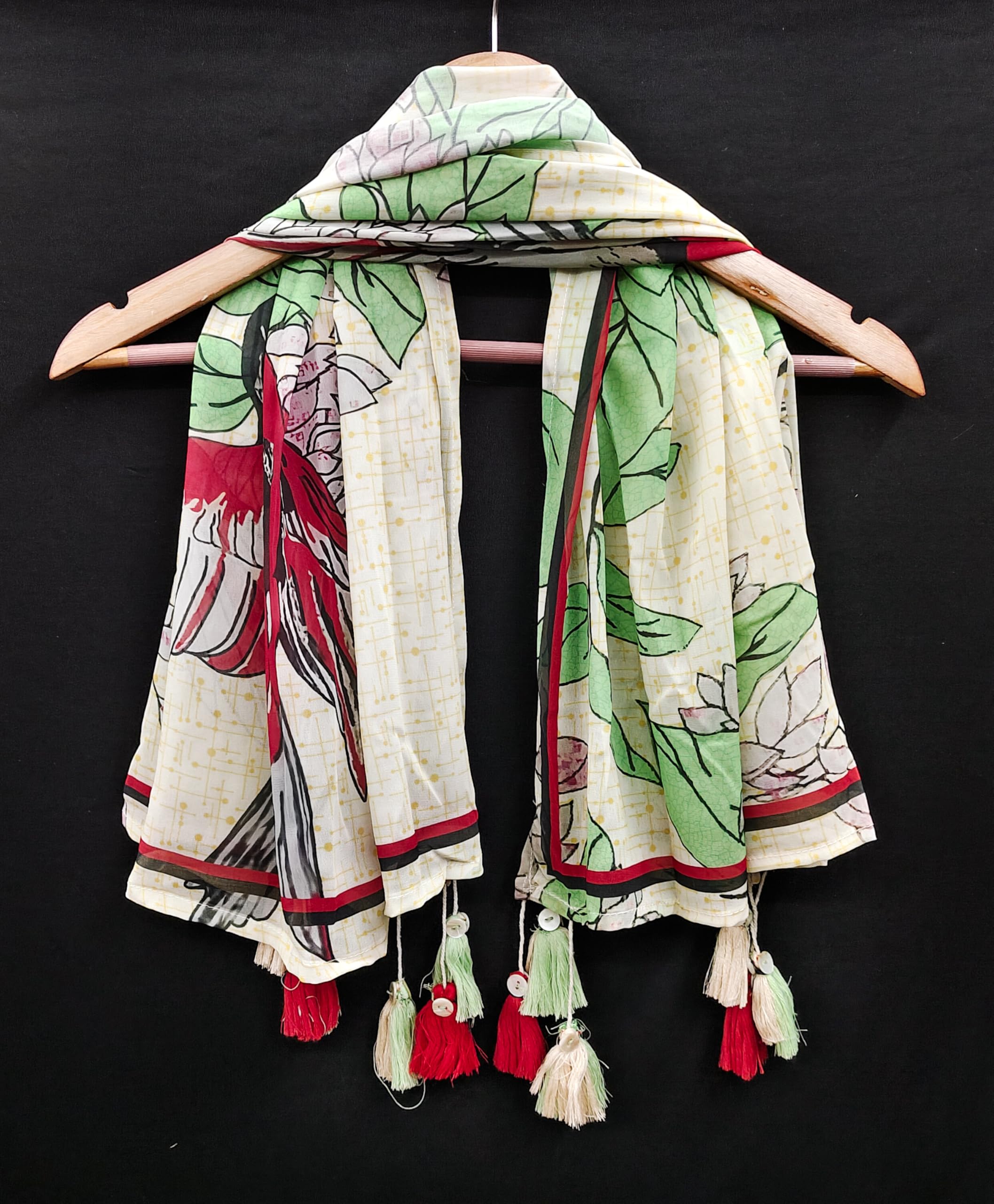 TRENDMALLS Women's Georgette Floral Design Scarf with Tassle (D12-Beige) - Image 5