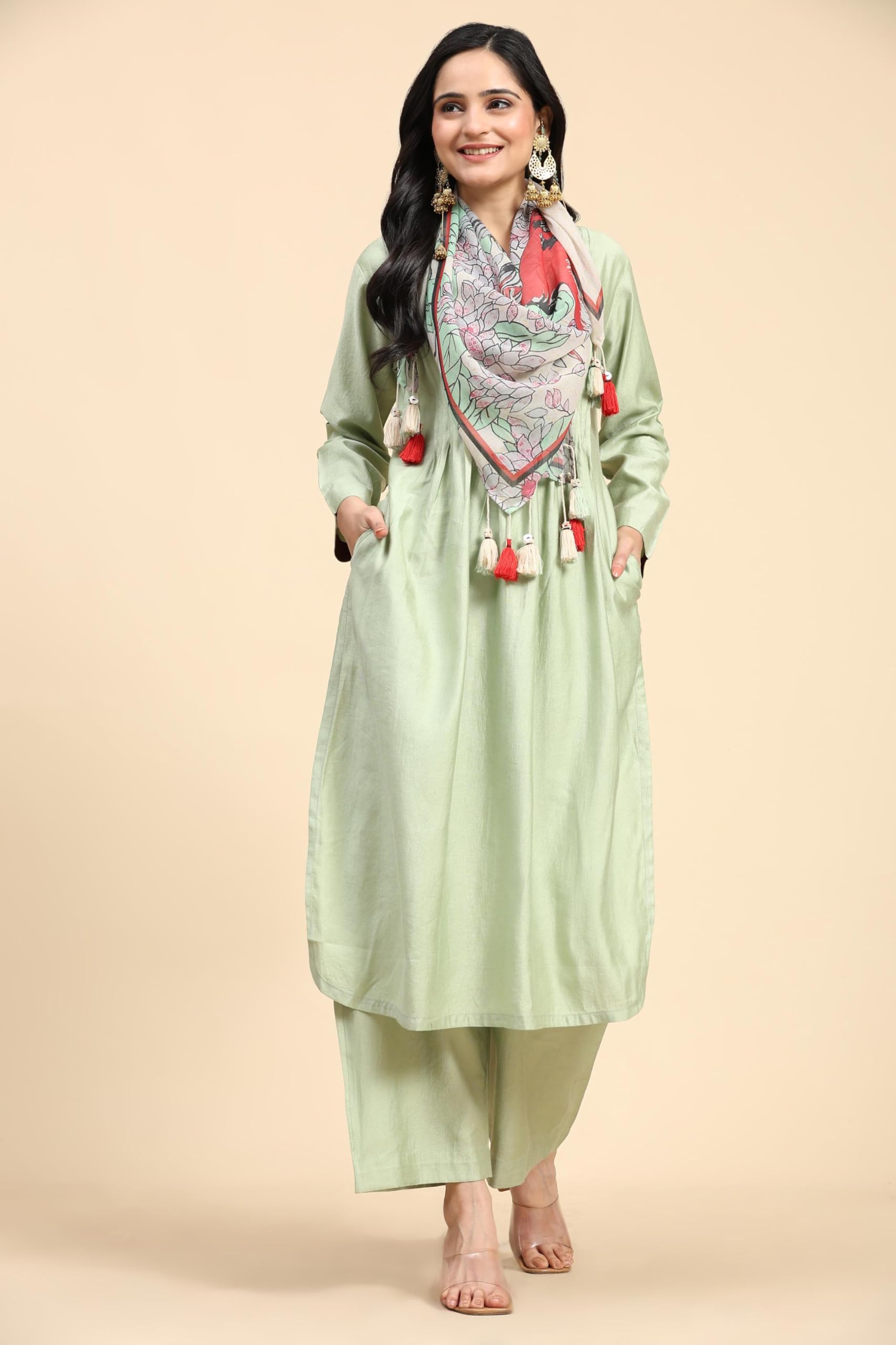 TRENDMALLS Women's Georgette Floral Design Scarf with Tassle (D12-Beige) - Image 8