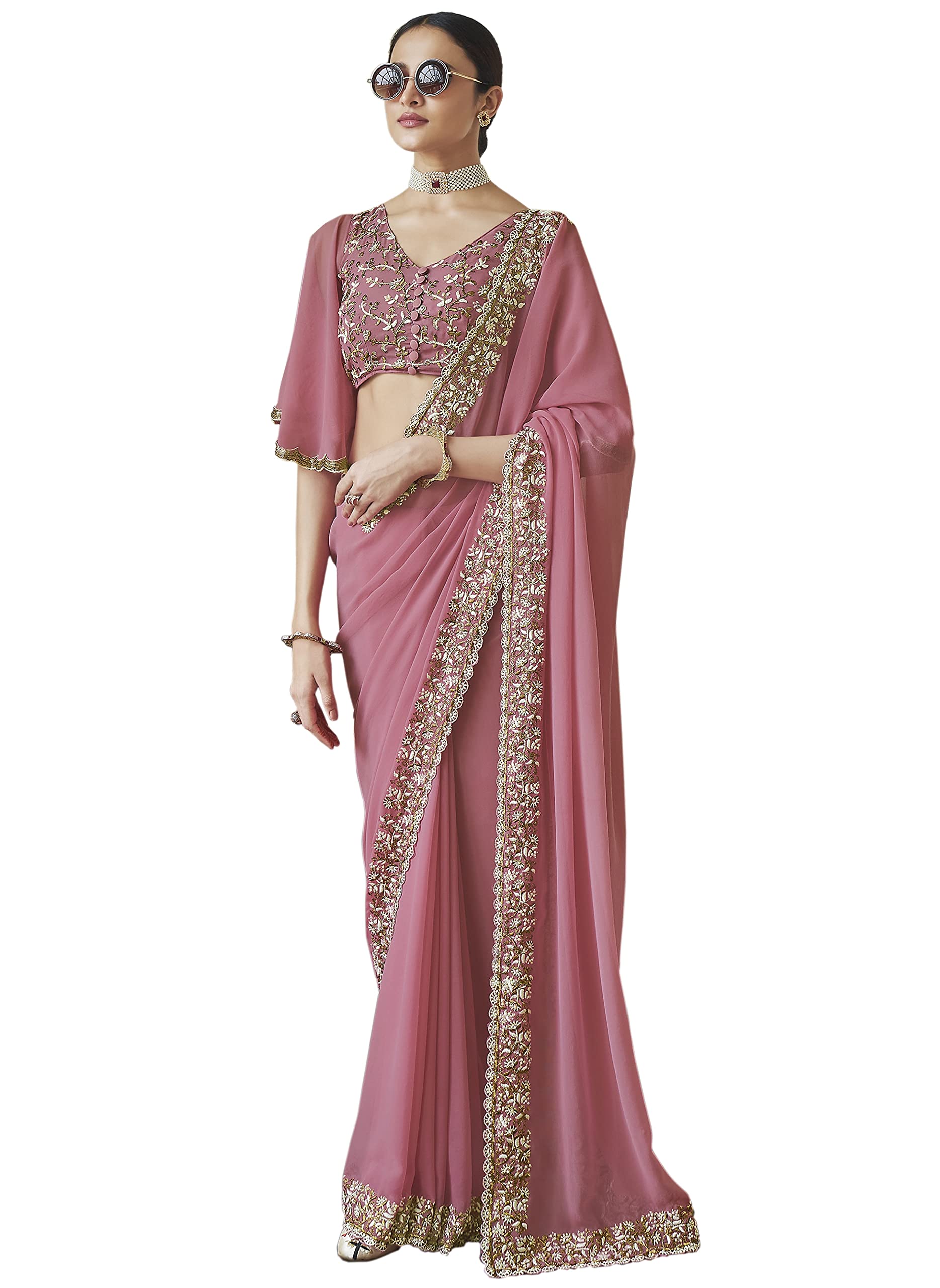 TRENDMALLS Women's Georgette Lakhanvi Embroidery with Sequence Moti work Women Saree - Image 4