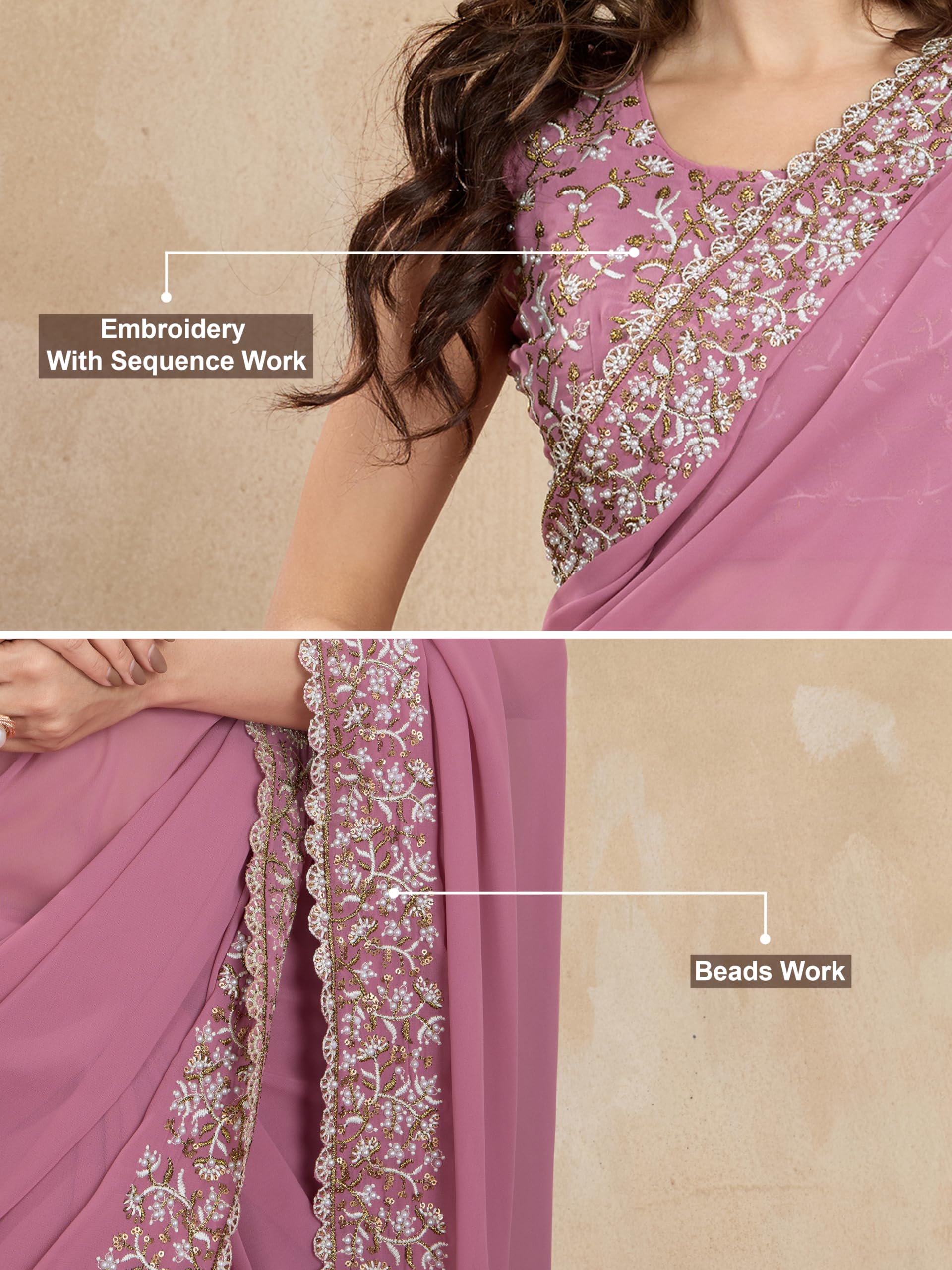 TRENDMALLS Women's Georgette Lakhanvi Embroidery with Sequence Moti work Women Saree - Image 5