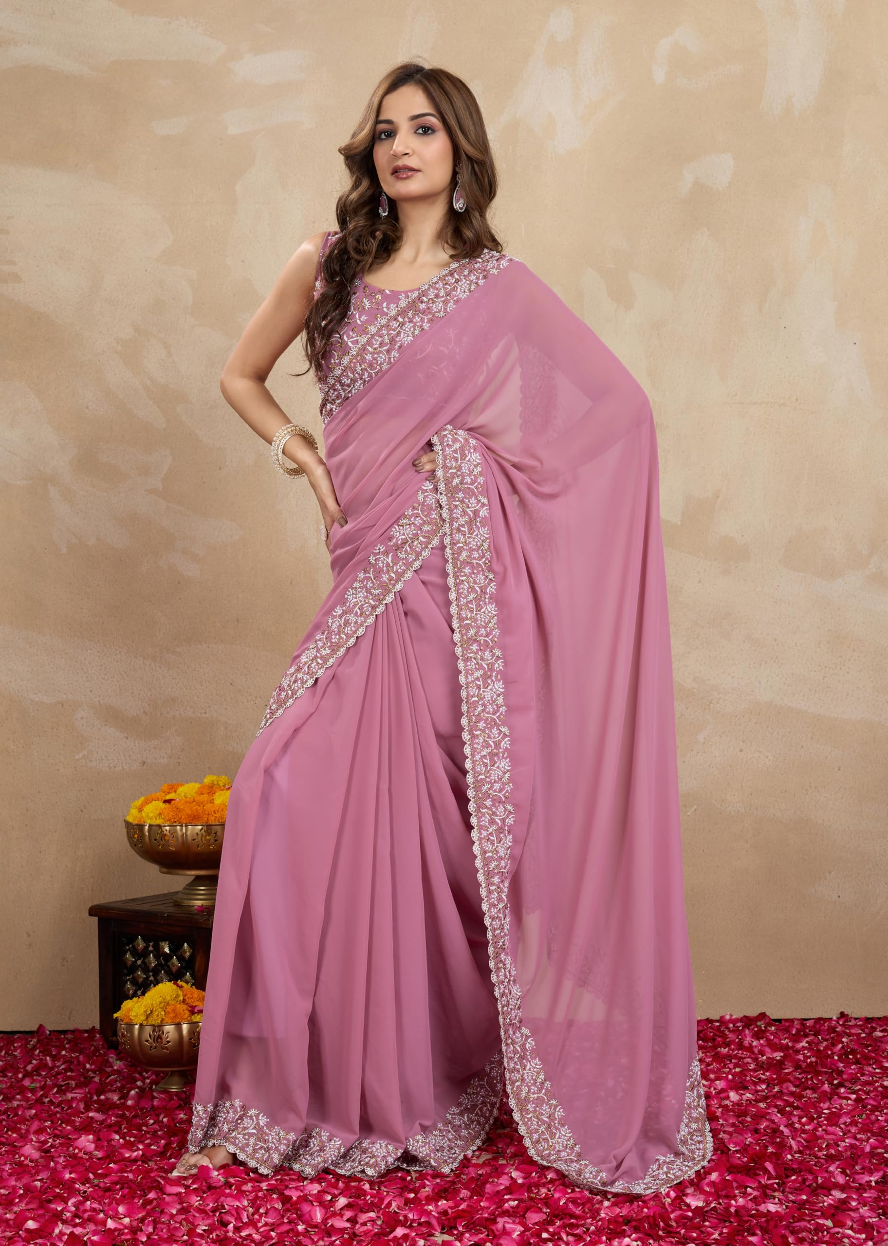 TRENDMALLS Women's Georgette Lakhanvi Embroidery with Sequence Moti work Women Saree - Image 9