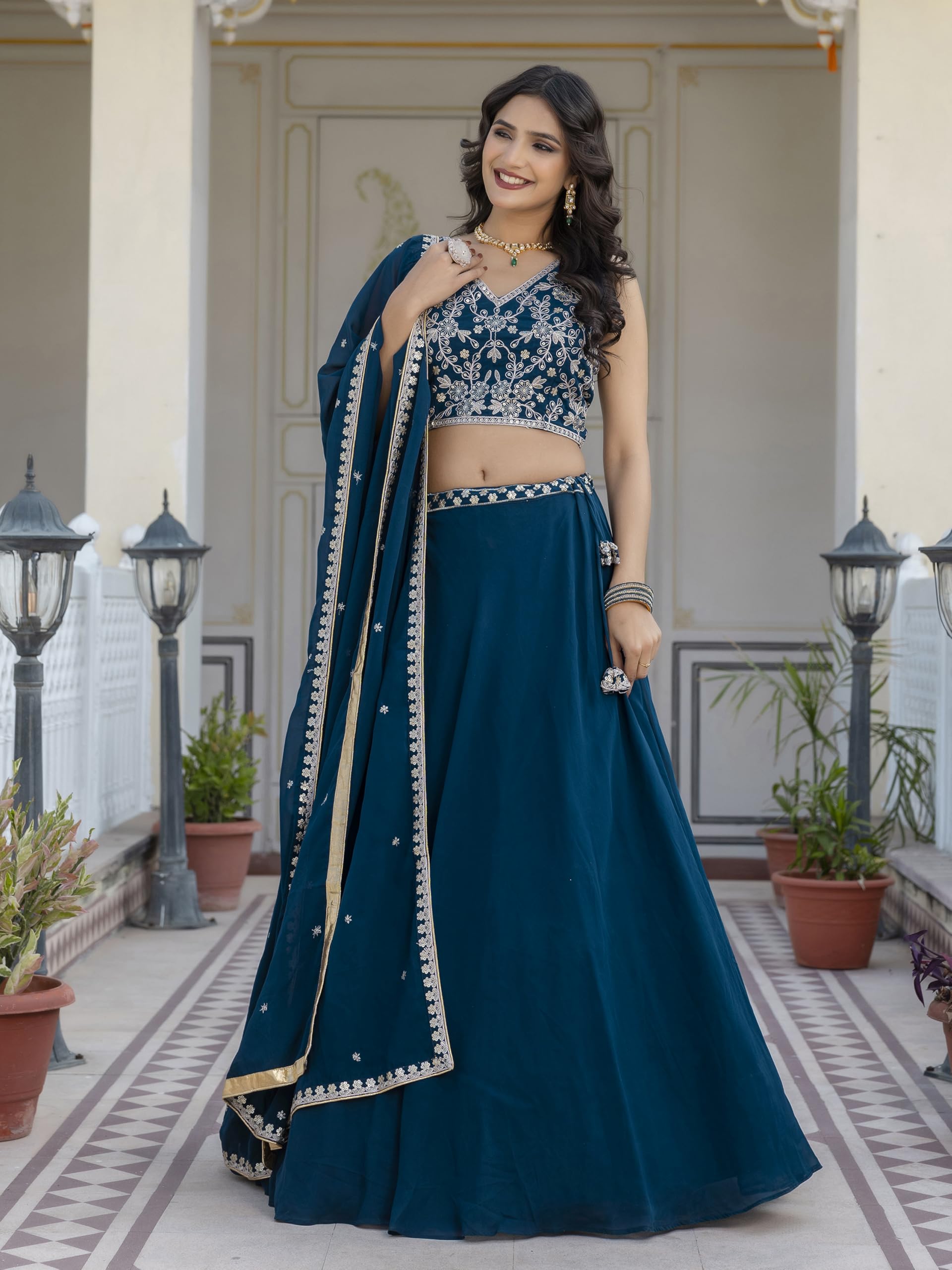 TRENDMALLS Women's Georgette Plain Lehenga with Embroidery work Choli Dupatta Set Ready To Wear - Image 4