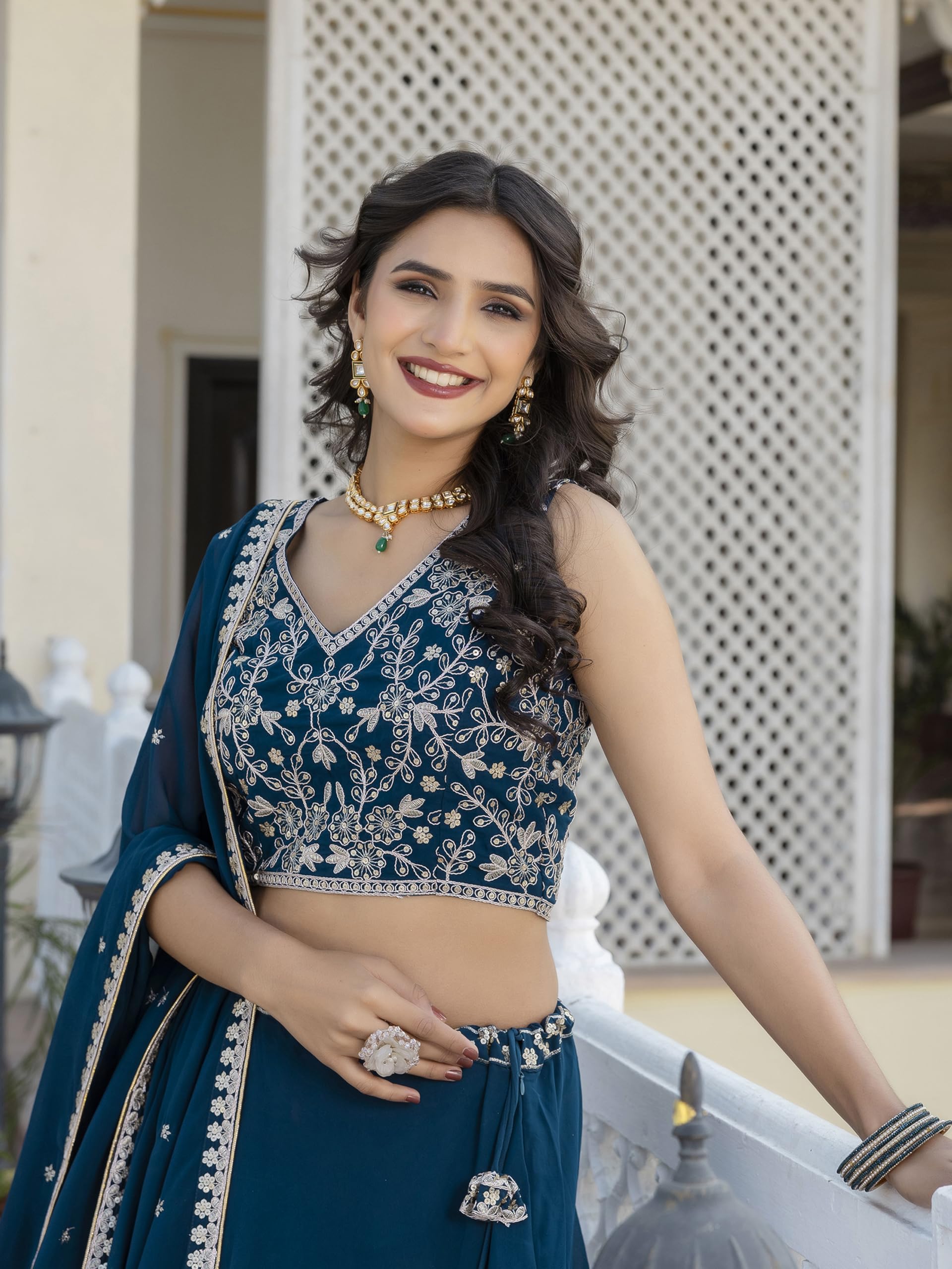 TRENDMALLS Women's Georgette Plain Lehenga with Embroidery work Choli Dupatta Set Ready To Wear - Image 5