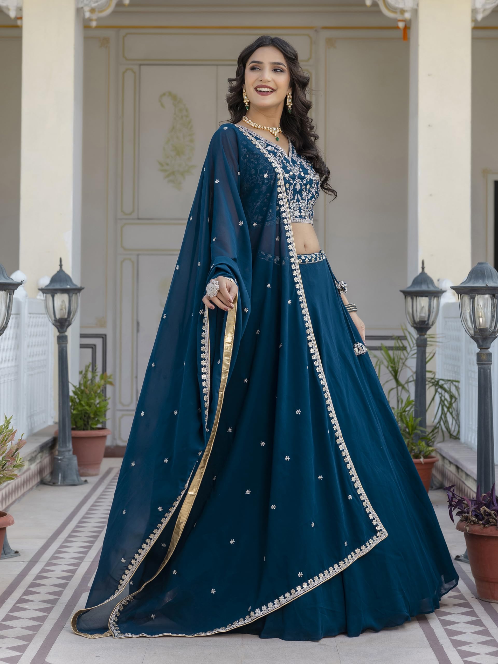 TRENDMALLS Women's Georgette Plain Lehenga with Embroidery work Choli Dupatta Set Ready To Wear - Image 8