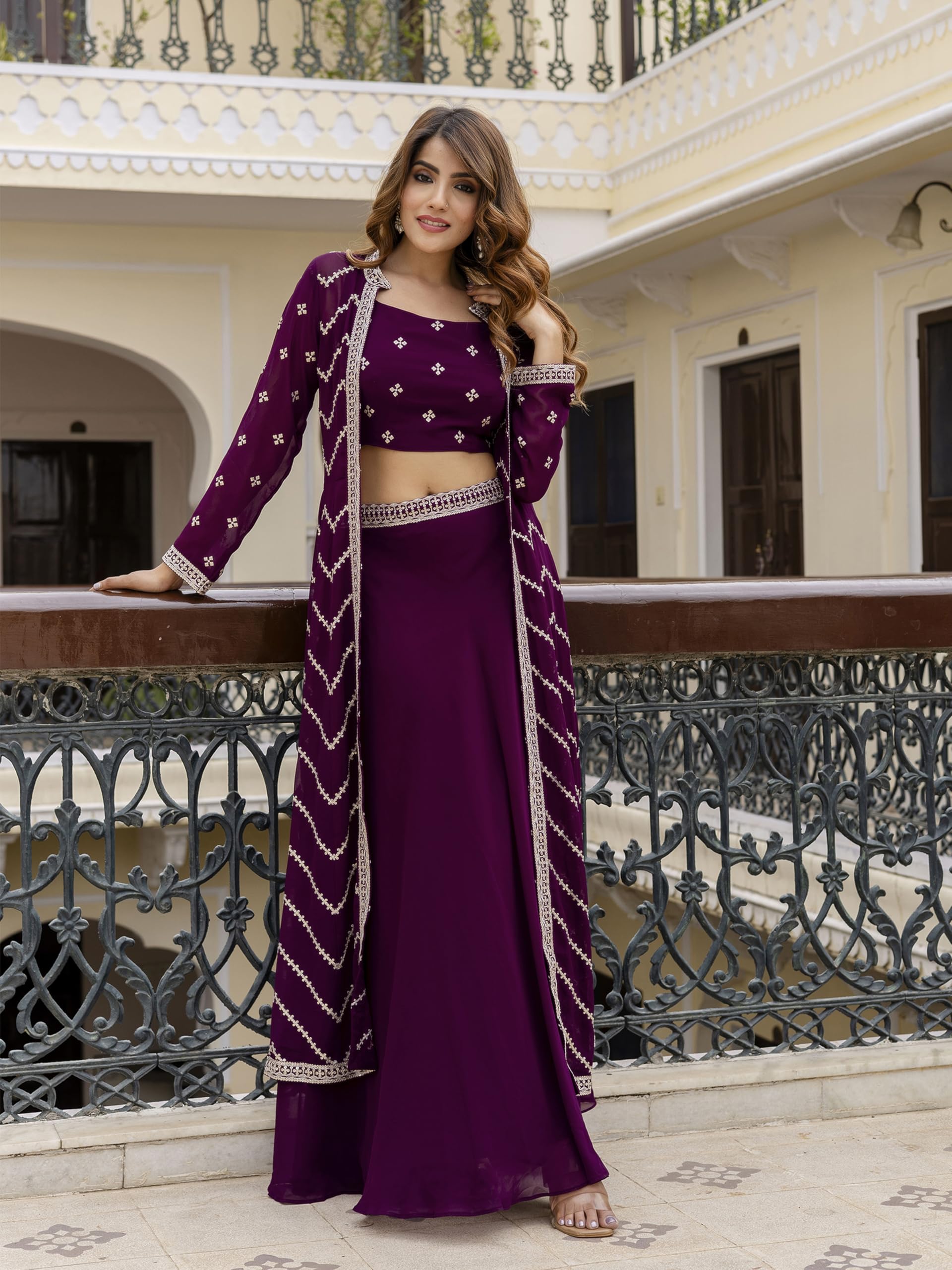 TRENDMALLS Women's Georgette Sequin Embroidery Crop Top Lehenga with Shrug Suit Set Ethnic Fusion Wear - Image 3