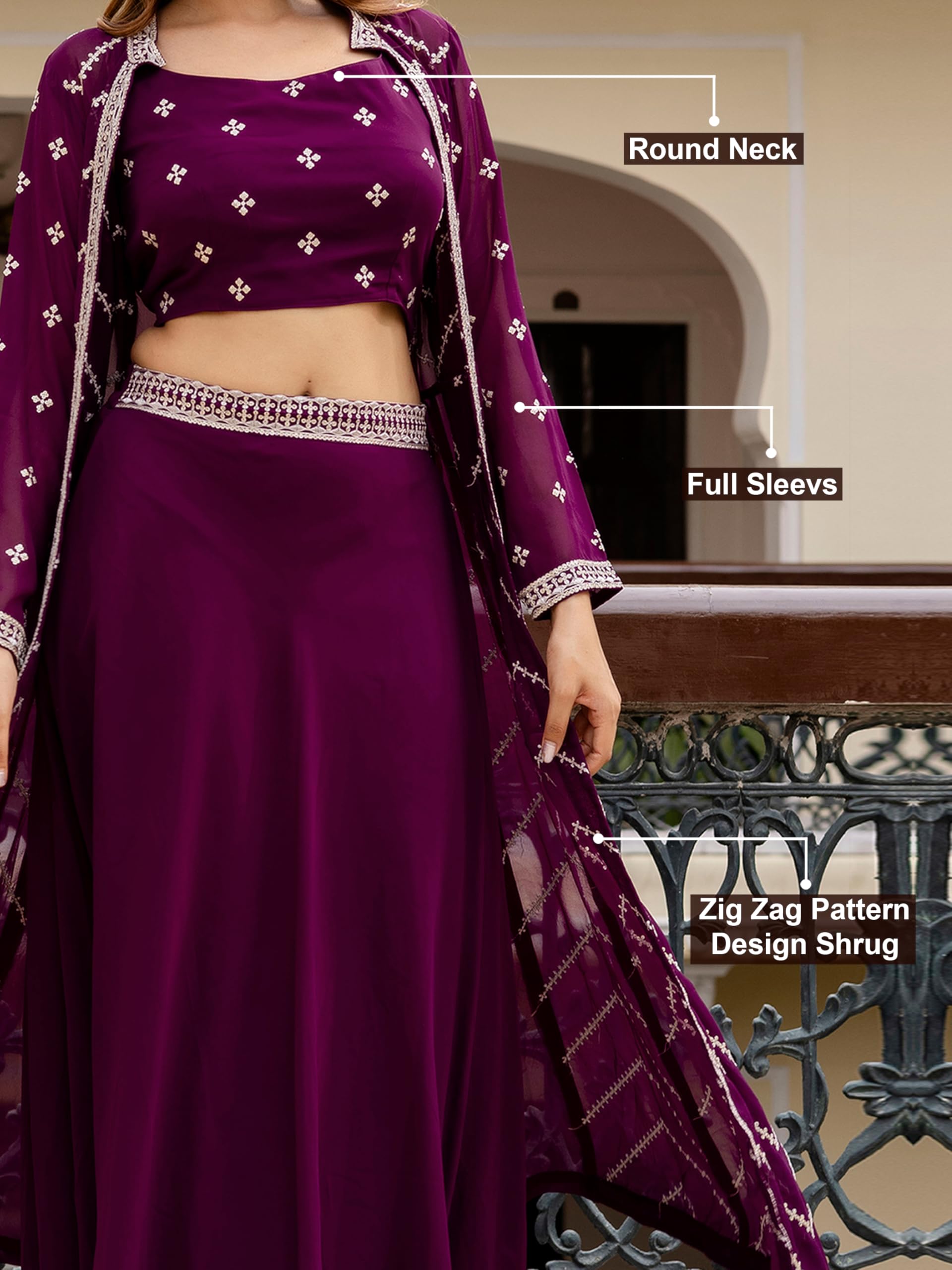 TRENDMALLS Women's Georgette Sequin Embroidery Crop Top Lehenga with Shrug Suit Set Ethnic Fusion Wear - Image 4