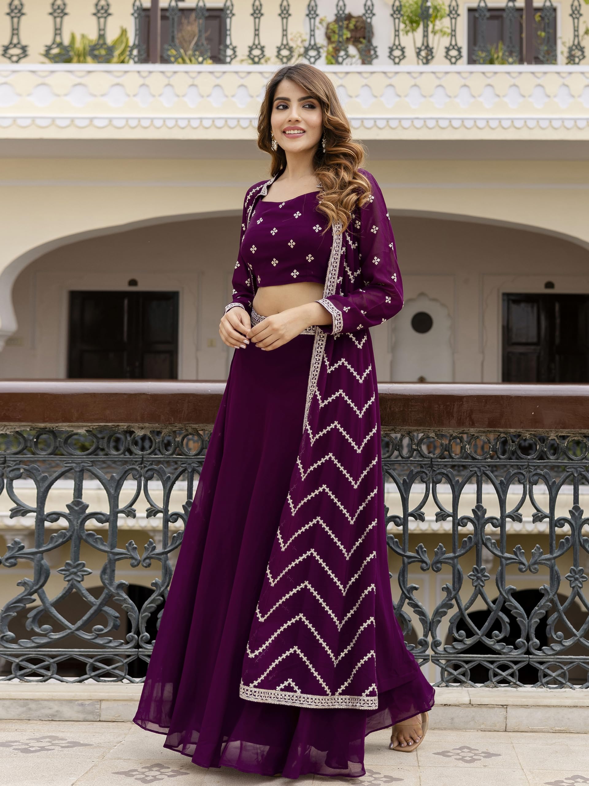 TRENDMALLS Women's Georgette Sequin Embroidery Crop Top Lehenga with Shrug Suit Set Ethnic Fusion Wear - Image 7