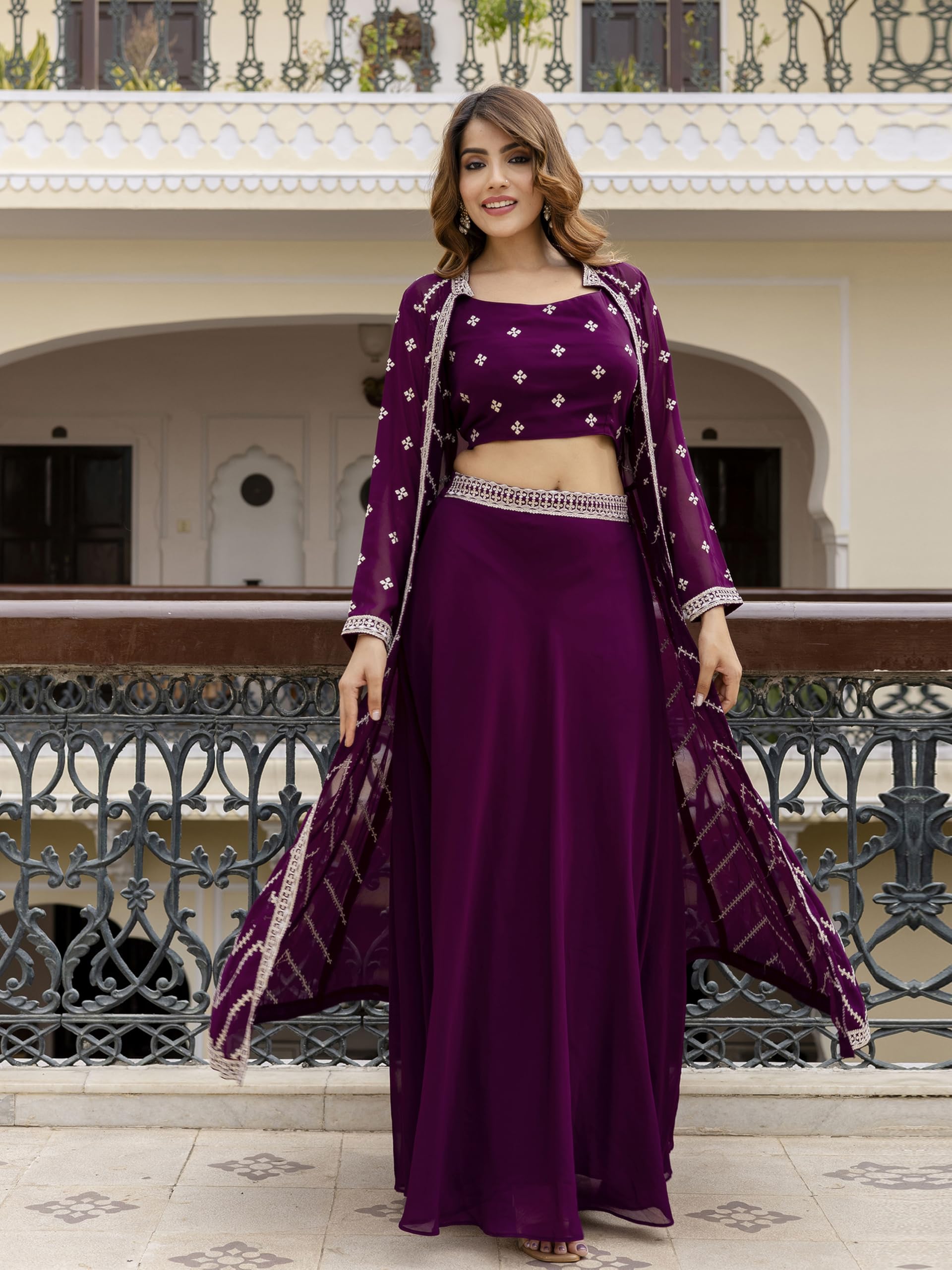 TRENDMALLS Women's Georgette Sequin Embroidery Crop Top Lehenga with Shrug Suit Set Ethnic Fusion Wear - Image 8