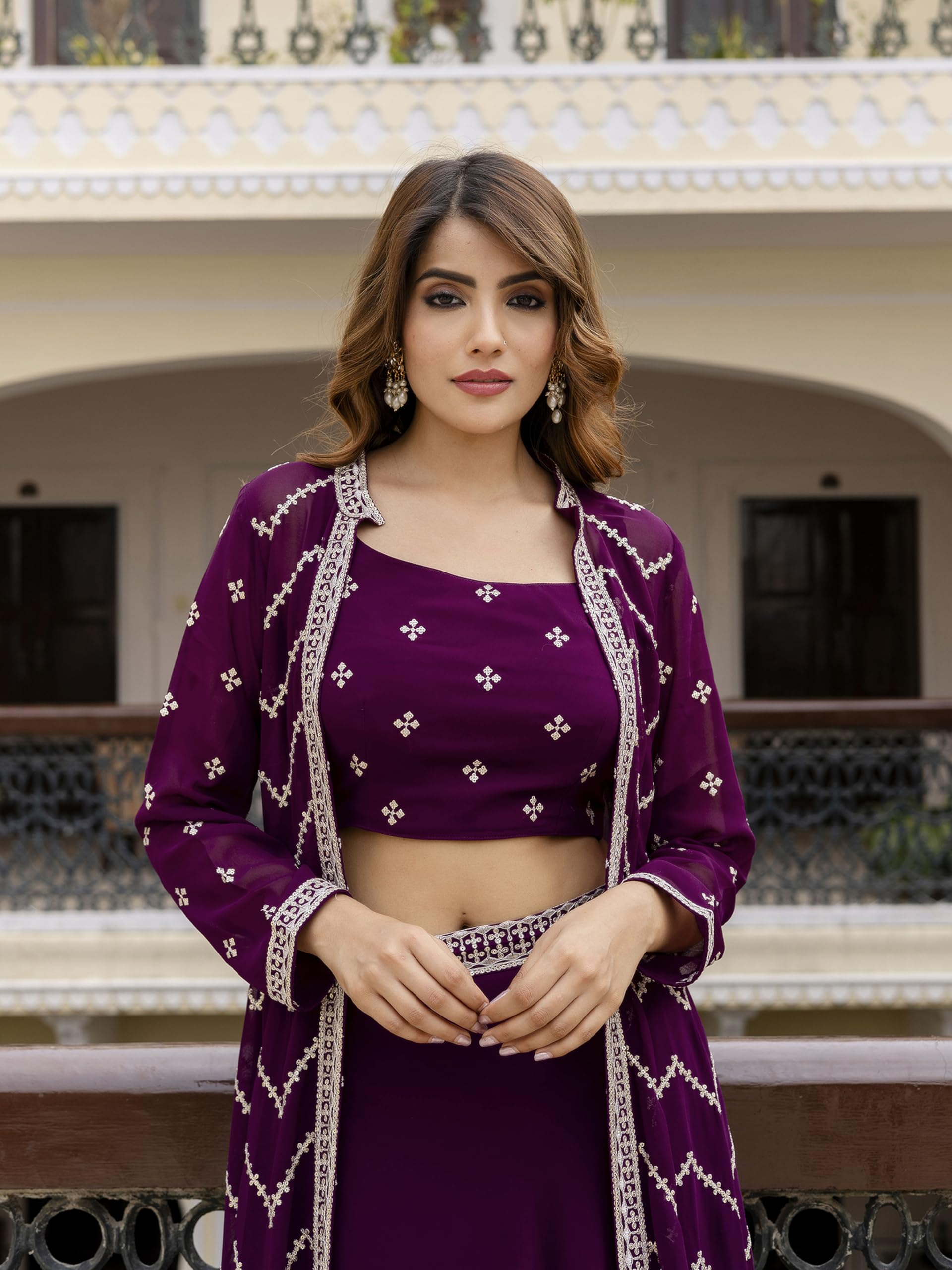 TRENDMALLS Women's Georgette Sequin Embroidery Crop Top Lehenga with Shrug Suit Set Ethnic Fusion Wear - Image 9