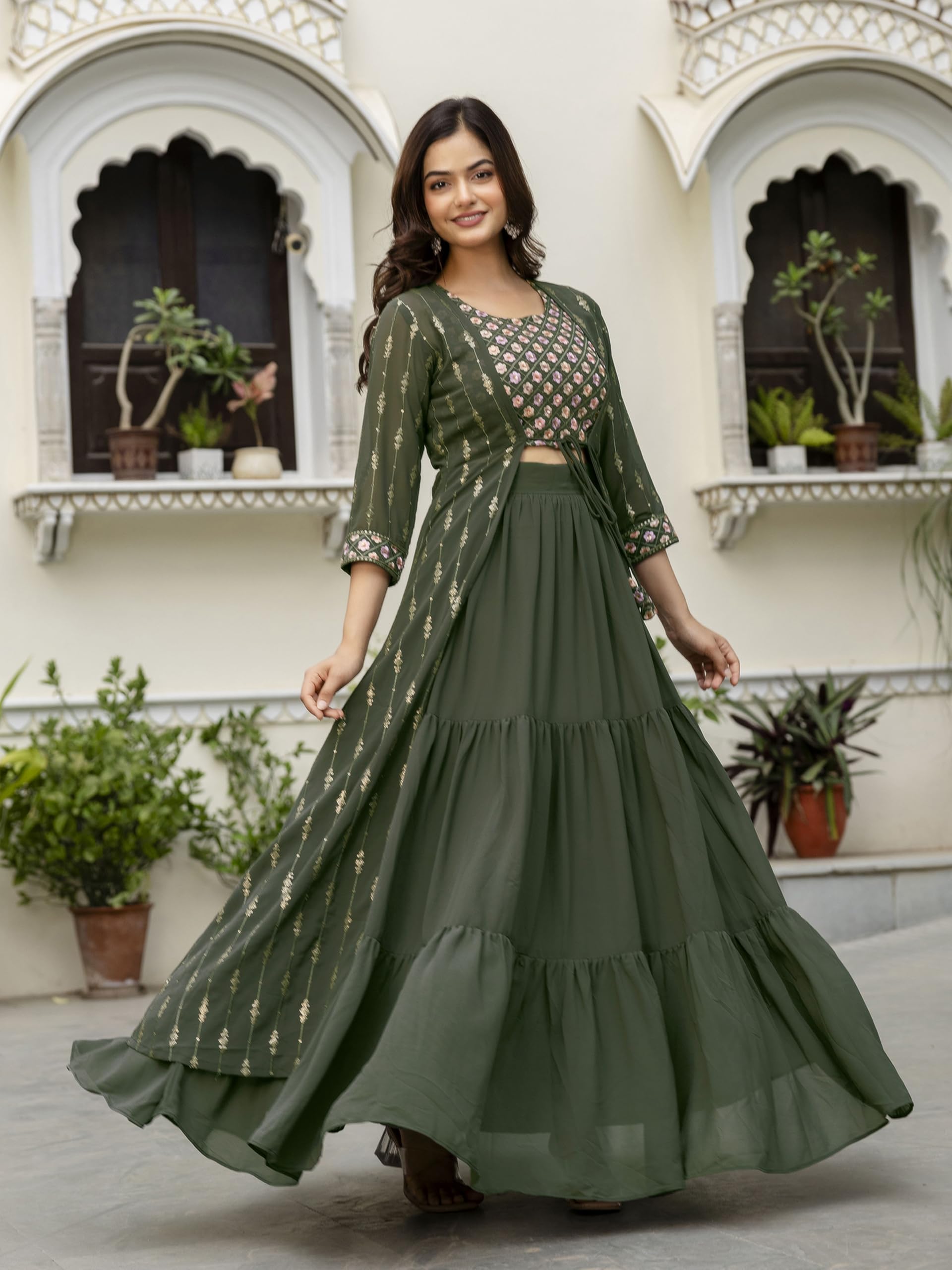 TRENDMALLS Women's Georgette Sequin Embroidery Crop Top Lehenga with Shrug Suit Set Ethnic Fusion Wear - Image 3