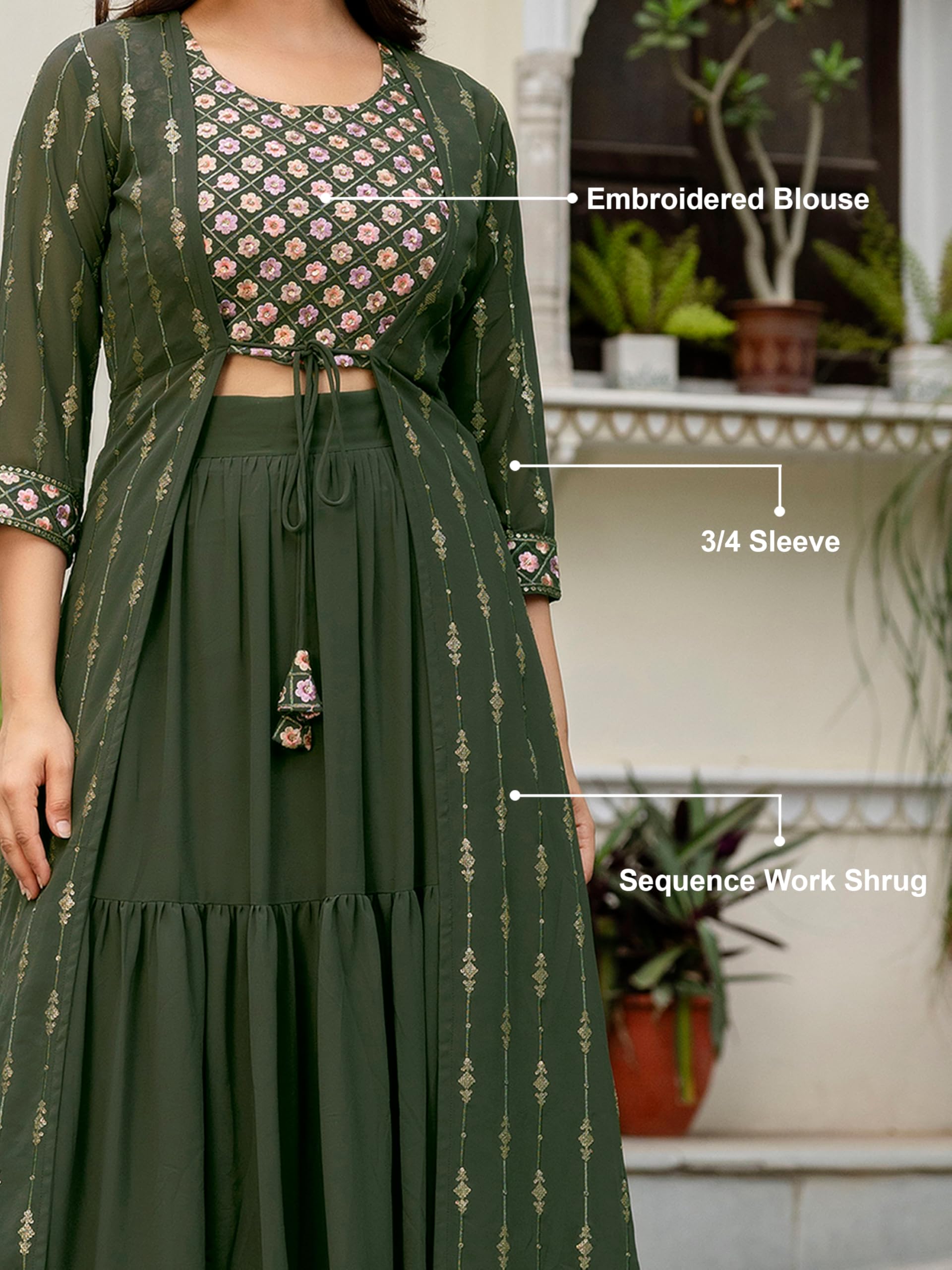 TRENDMALLS Women's Georgette Sequin Embroidery Crop Top Lehenga with Shrug Suit Set Ethnic Fusion Wear - Image 4