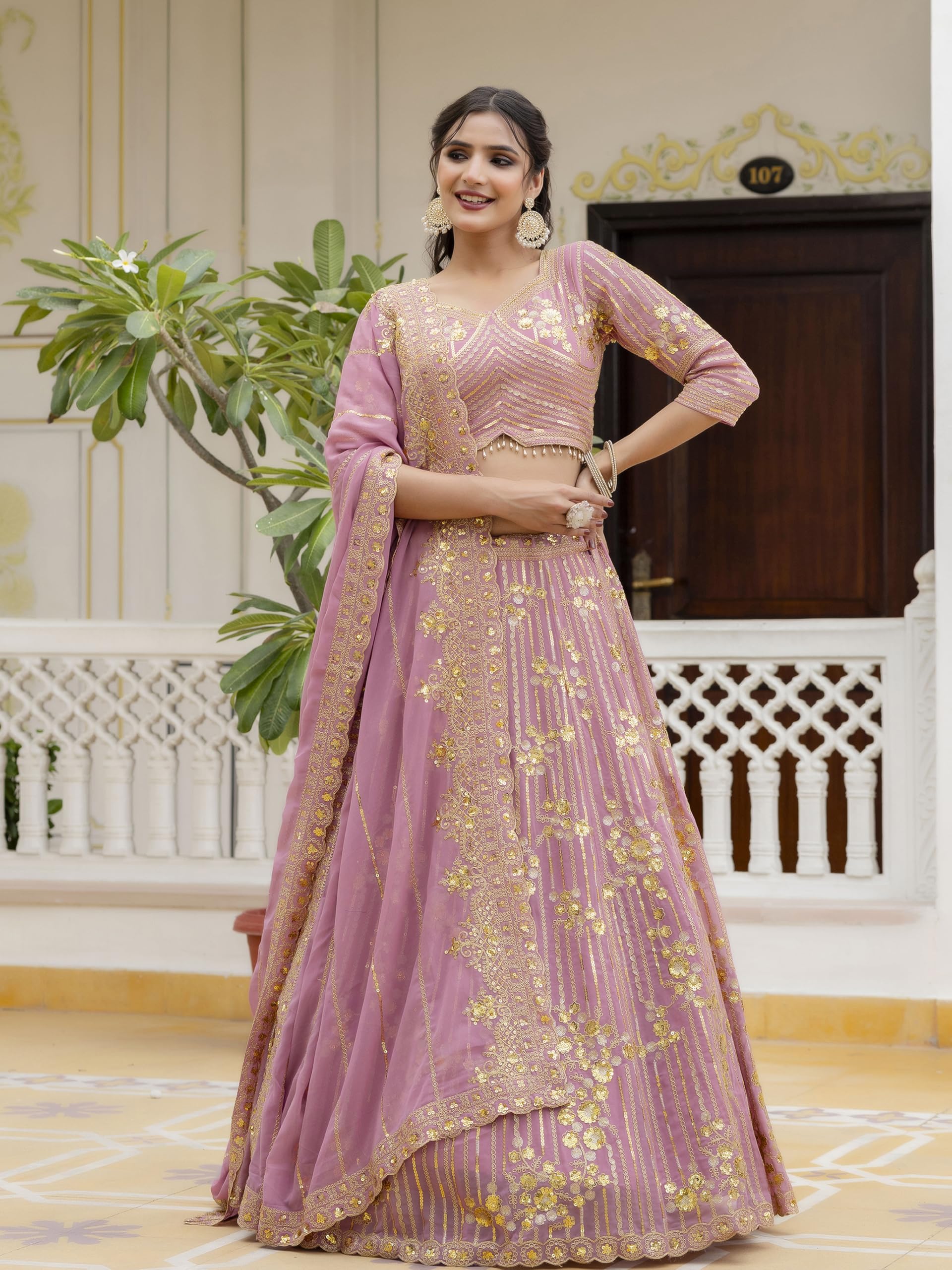 TRENDMALLS Women's Georgette Sequin Embroidery Lehenga Choli Dupatta Set Ready To Wear - Image 3