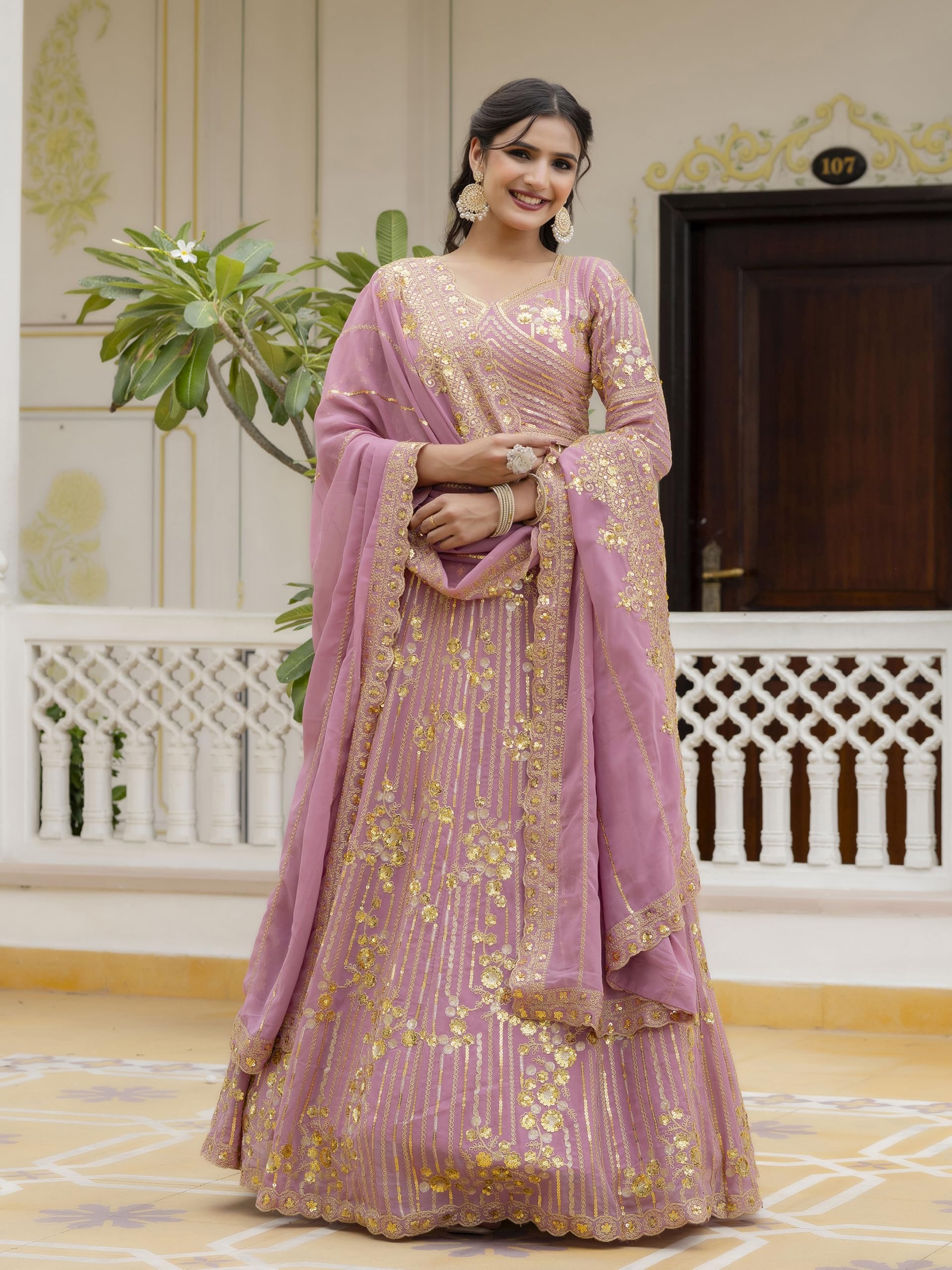 TRENDMALLS Women's Georgette Sequin Embroidery Lehenga Choli Dupatta Set Ready To Wear - Image 8