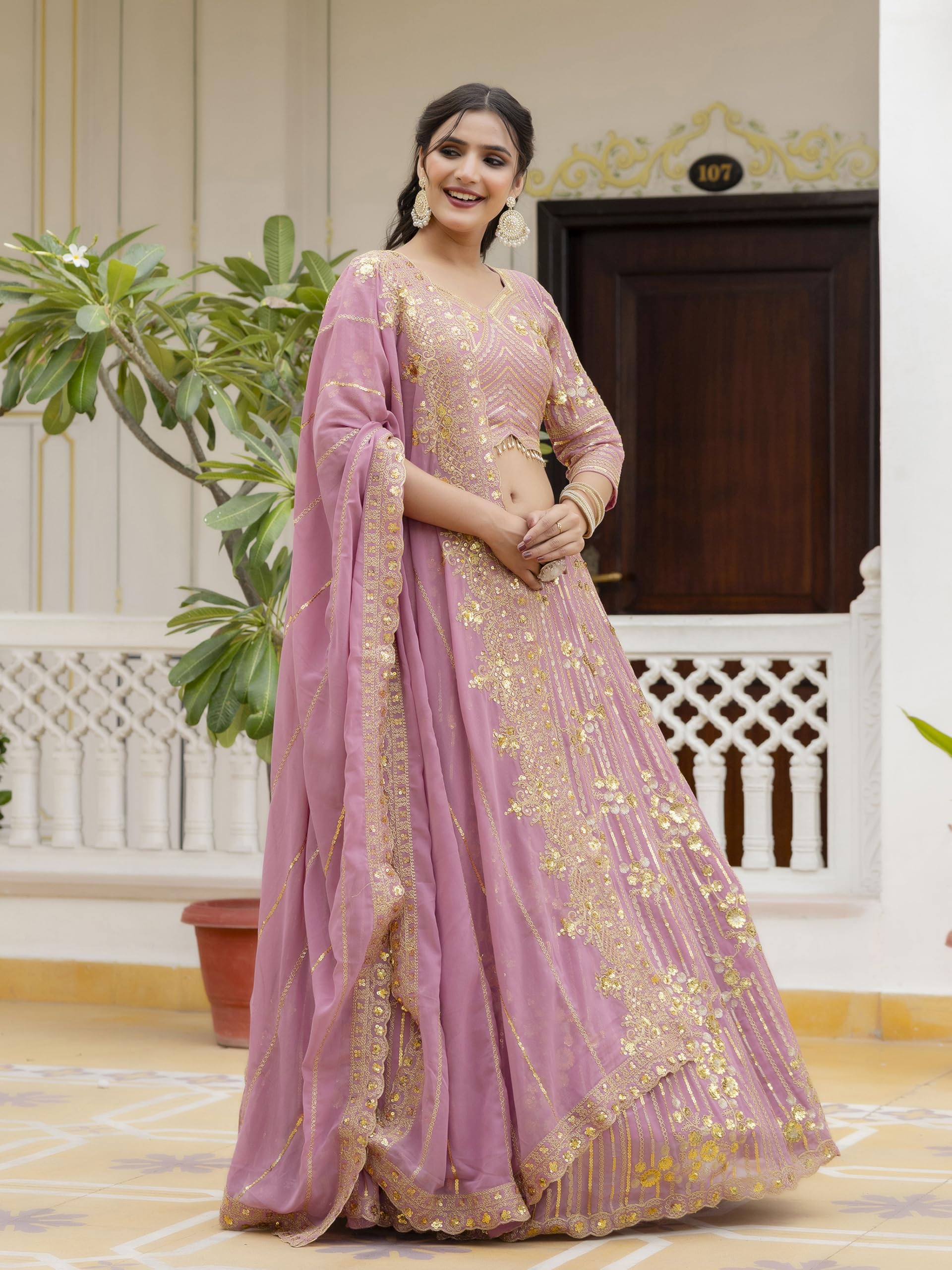 TRENDMALLS Women's Georgette Sequin Embroidery Lehenga Choli Dupatta Set Ready To Wear - Image 9