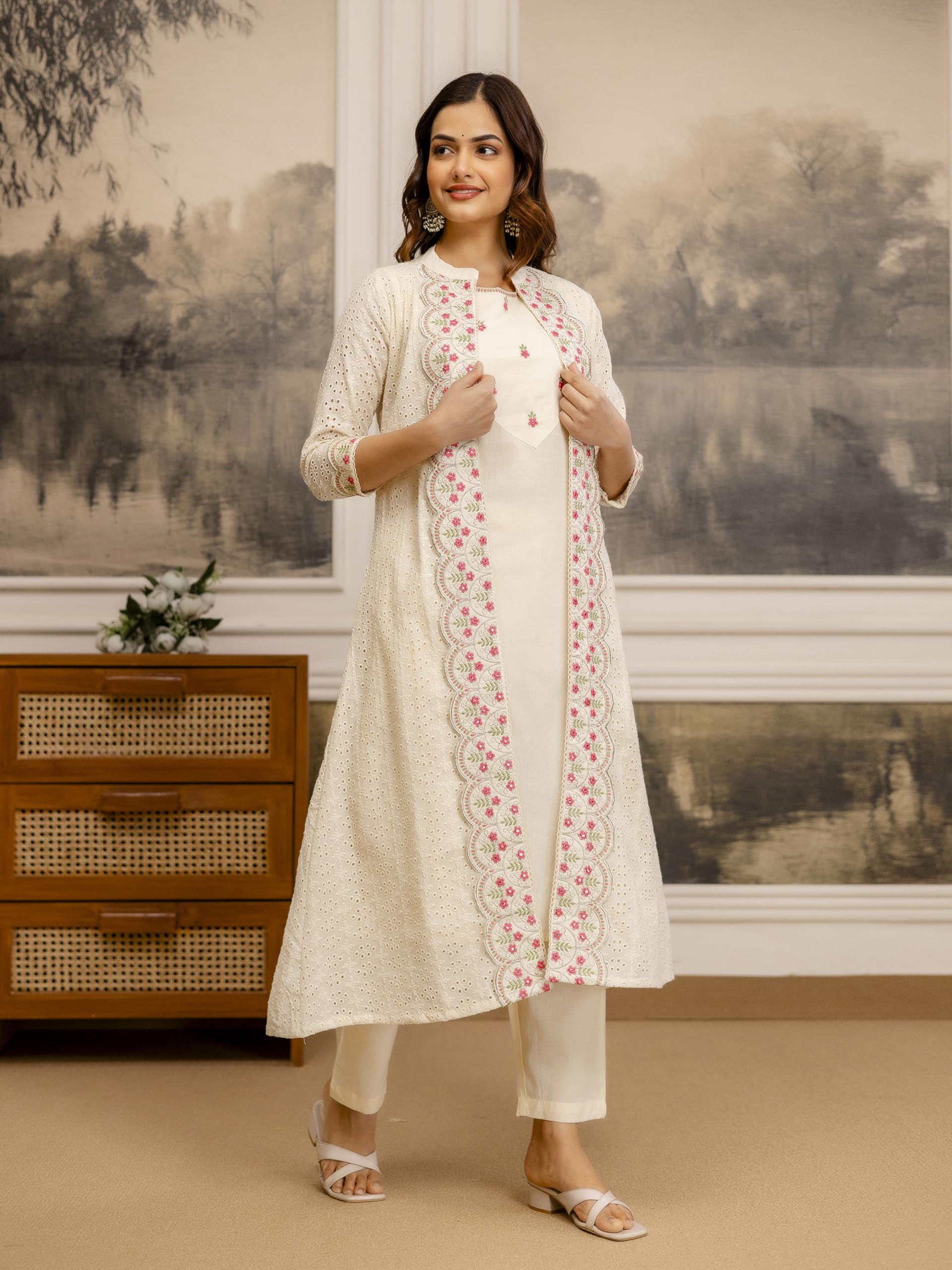 TRENDMALLS Women’s Pure Cotton Embroidery Schiffli work Work Kurta Pant with Shrug Set For Women - Image 3