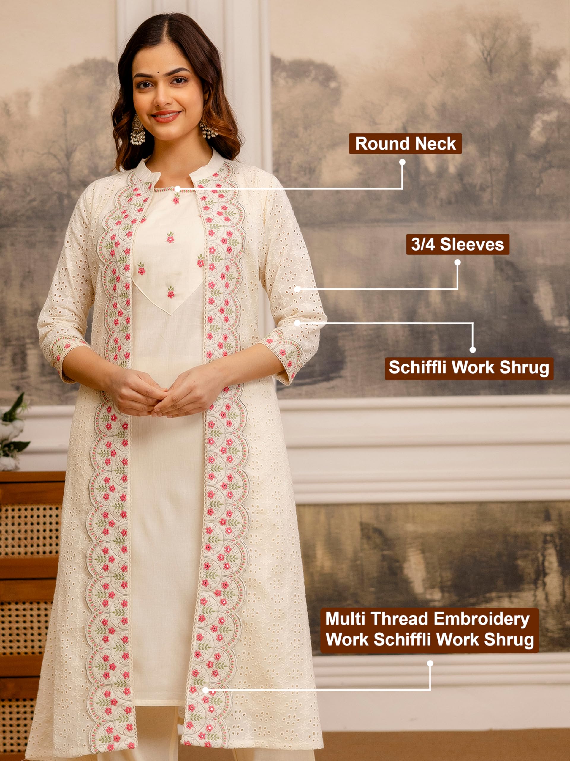 TRENDMALLS Women’s Pure Cotton Embroidery Schiffli work Work Kurta Pant with Shrug Set For Women - Image 4