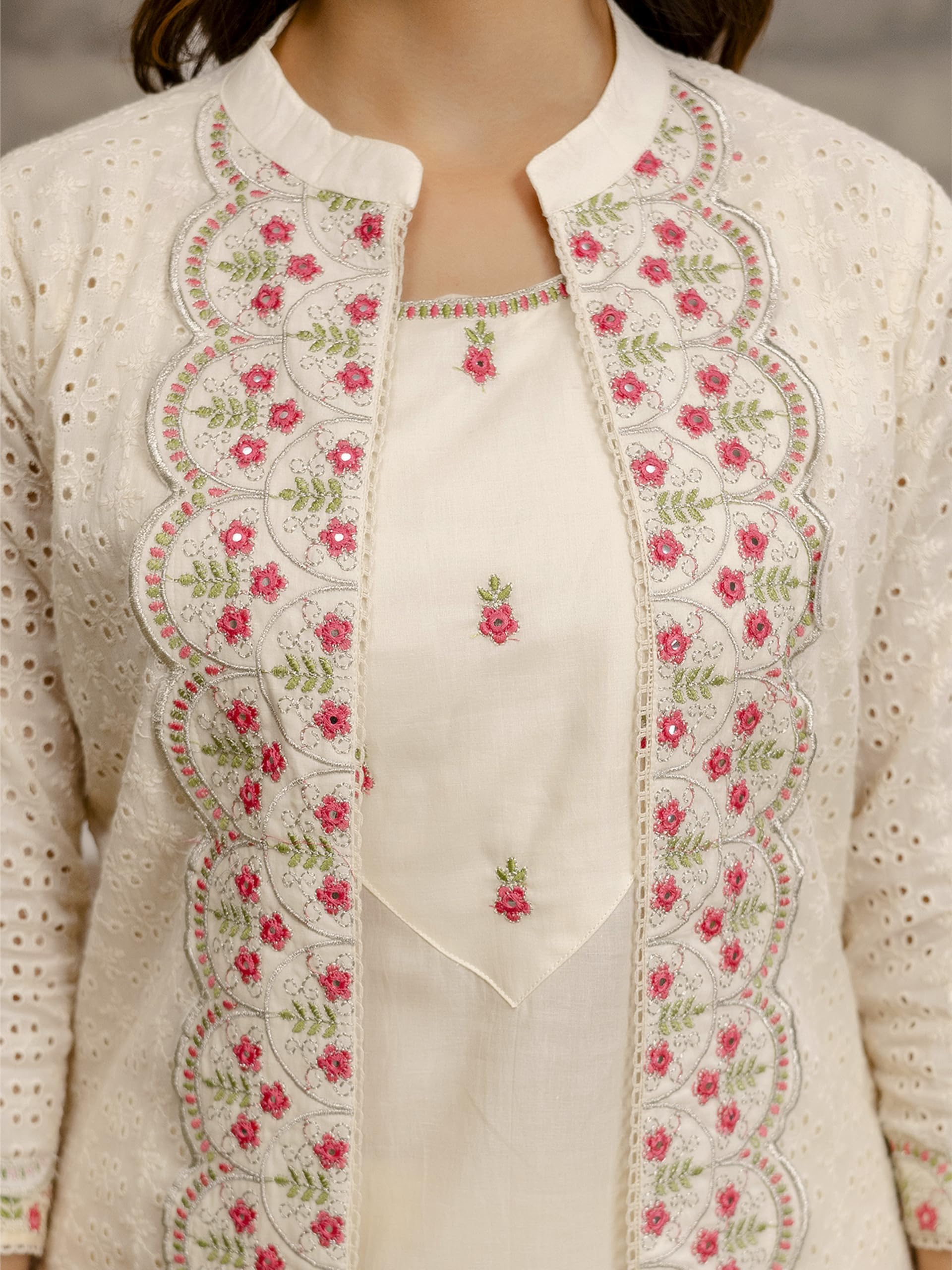 TRENDMALLS Women’s Pure Cotton Embroidery Schiffli work Work Kurta Pant with Shrug Set For Women - Image 6