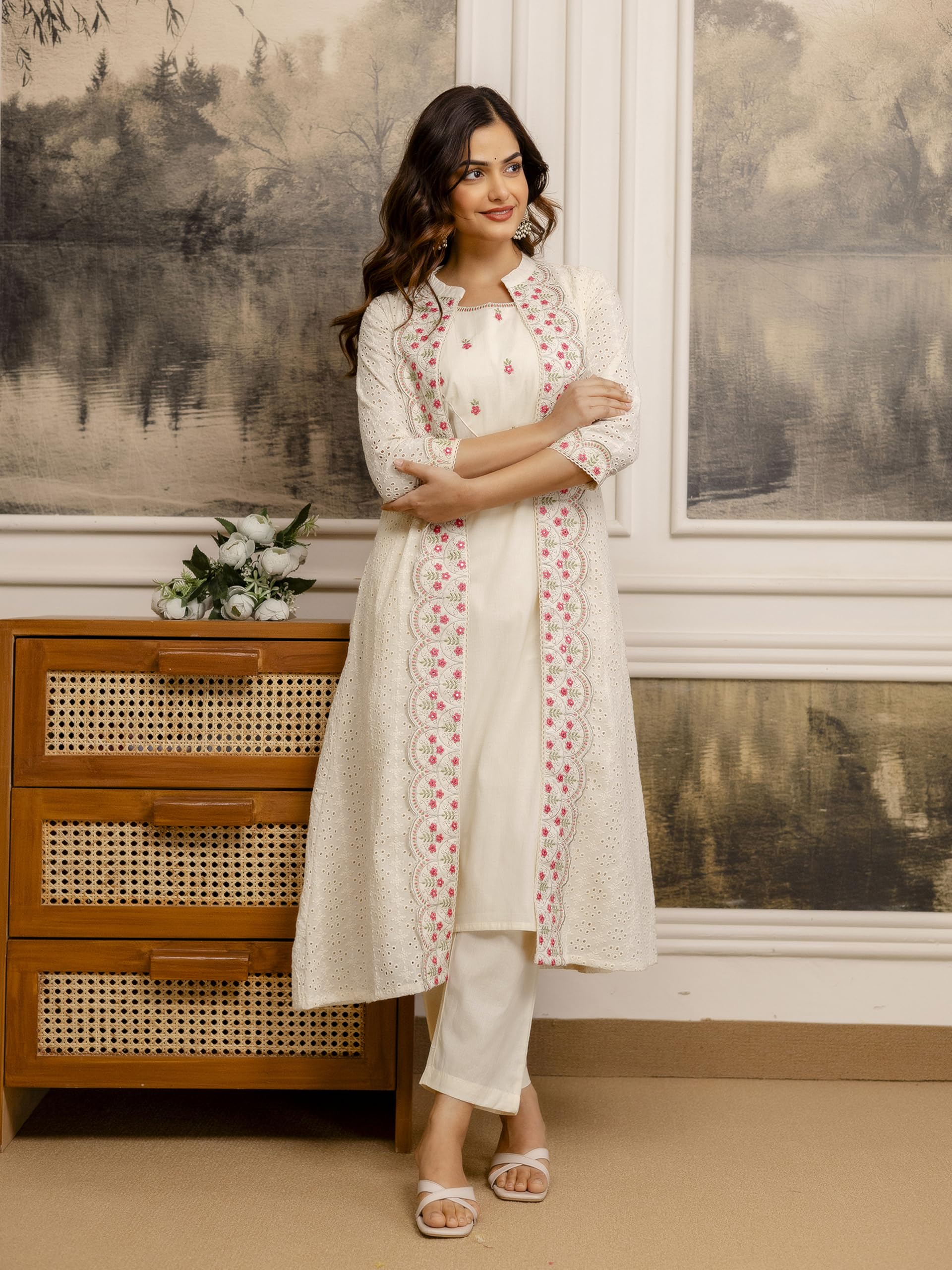 TRENDMALLS Women’s Pure Cotton Embroidery Schiffli work Work Kurta Pant with Shrug Set For Women - Image 7