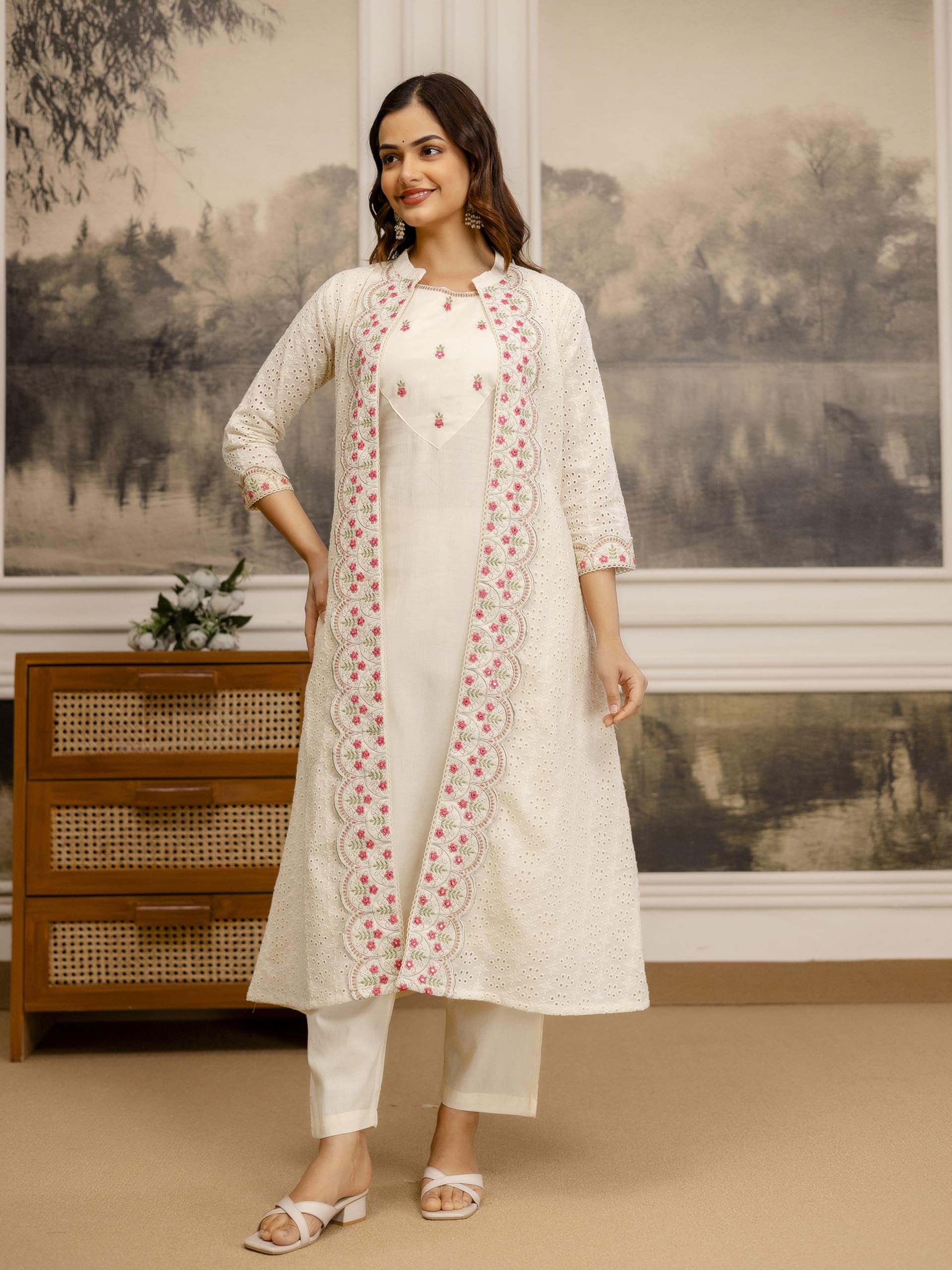 TRENDMALLS Women’s Pure Cotton Embroidery Schiffli work Work Kurta Pant with Shrug Set For Women - Image 8