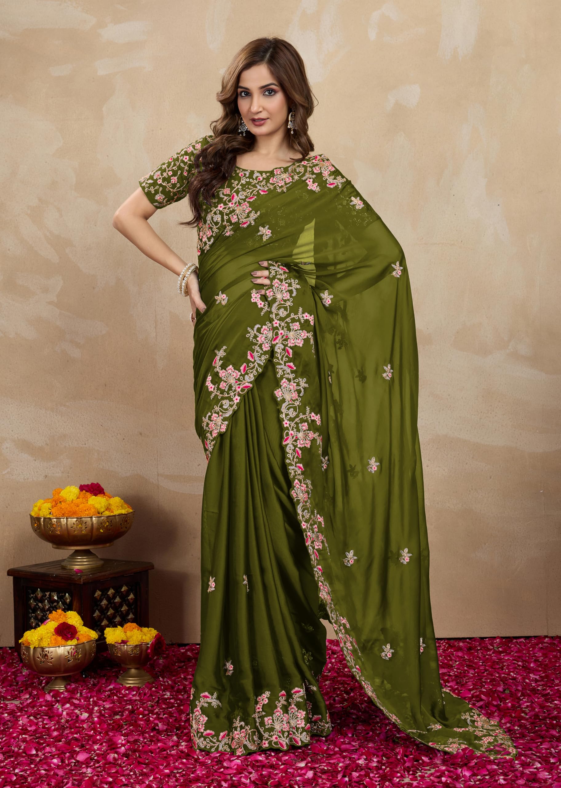 TRENDMALLS Women's Rangoli Silk Embroidred Saree with Unstitch Blouse Piece - Image 8