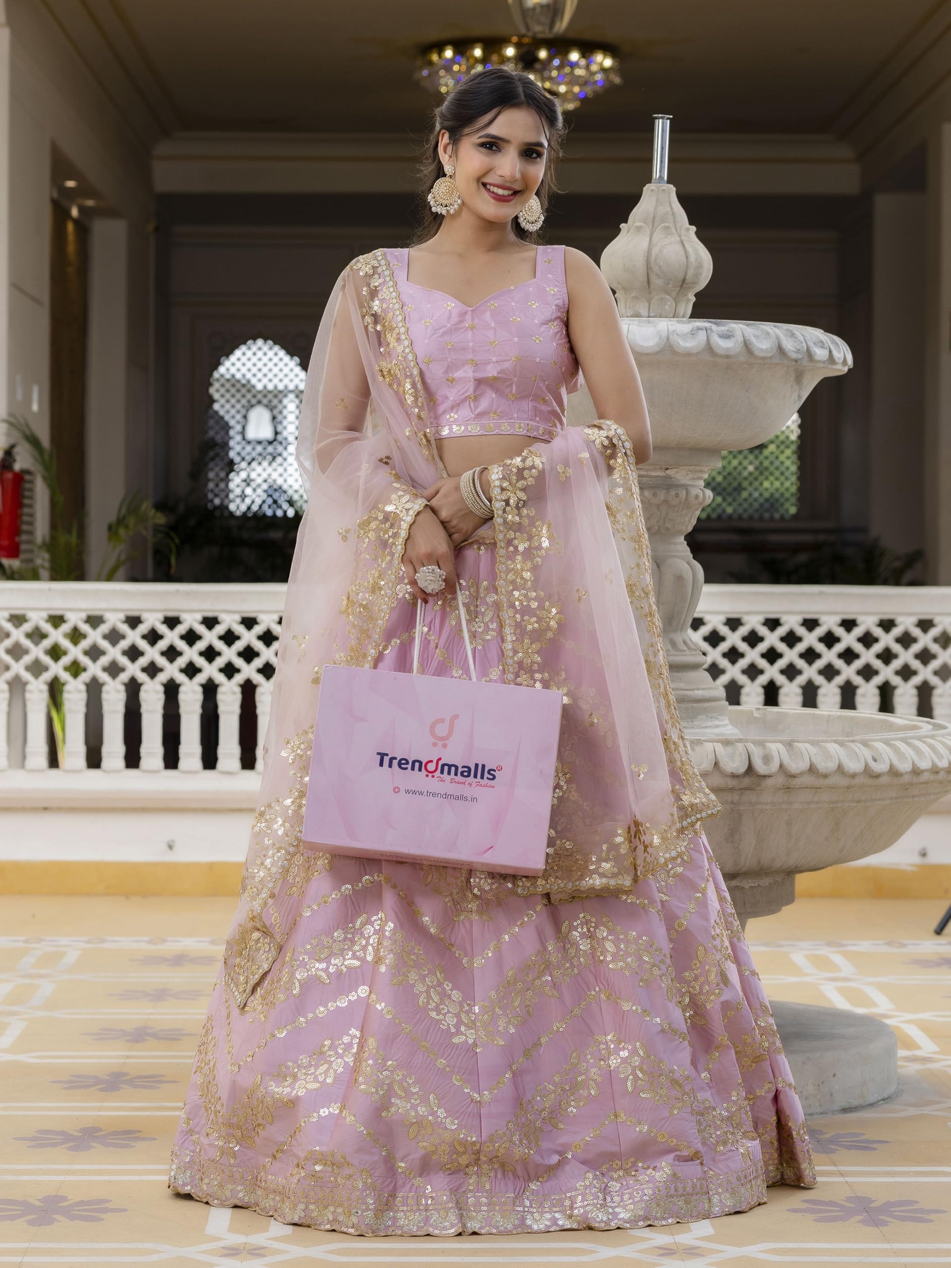 TRENDMALLS Women's Satin Embroidery Sequence Work Lehenga Choli Set with Dupatta Ready to wear - Image 3