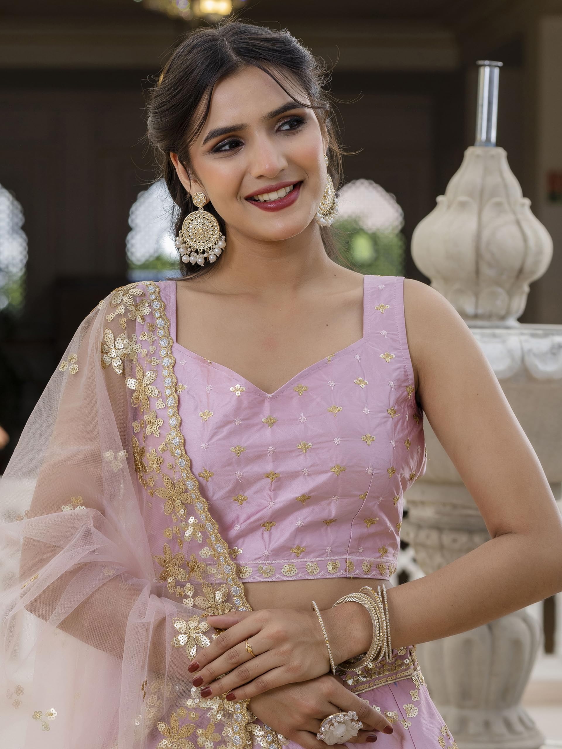 TRENDMALLS Women's Satin Embroidery Sequence Work Lehenga Choli Set with Dupatta Ready to wear - Image 5