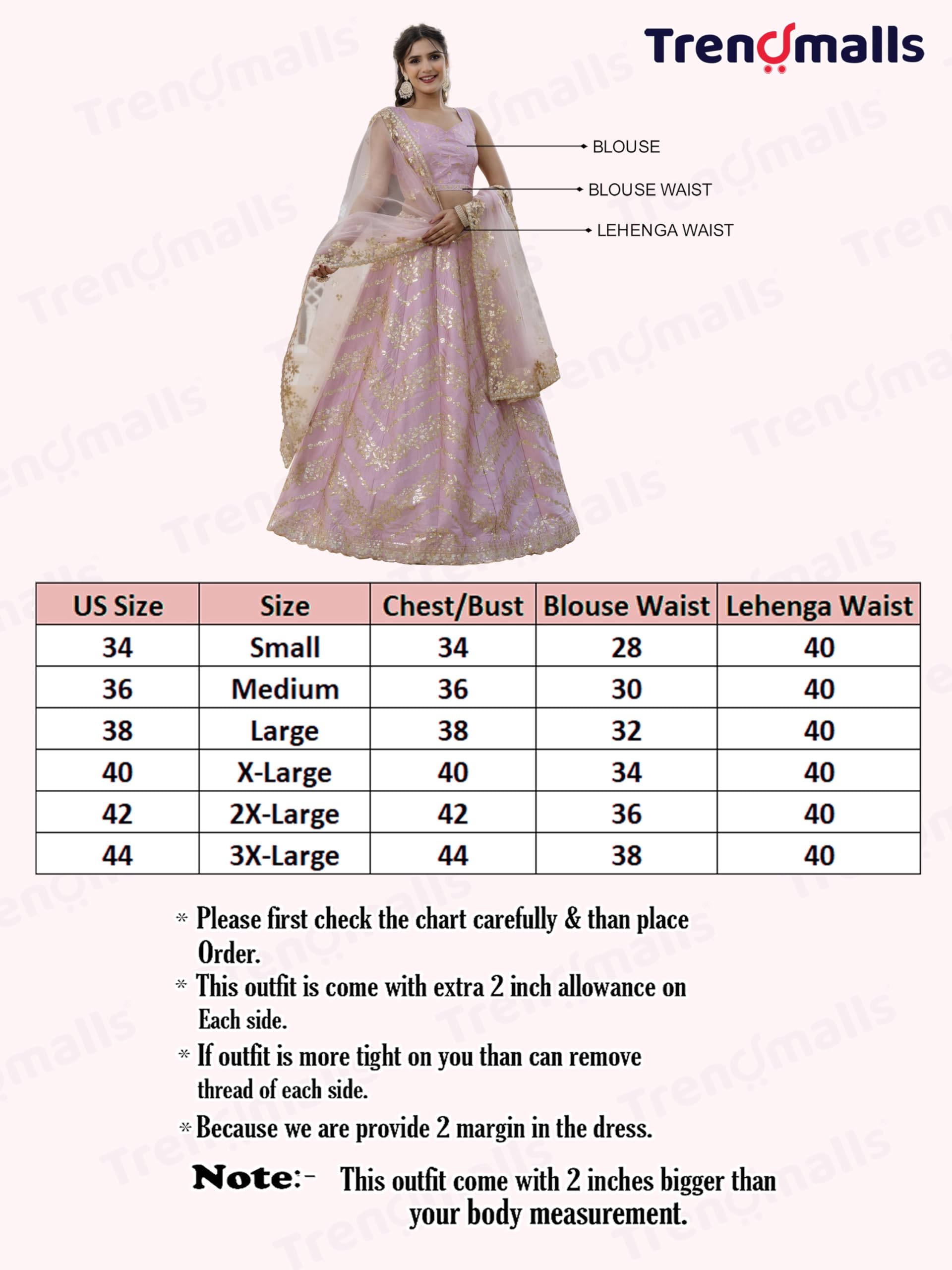 TRENDMALLS Women's Satin Embroidery Sequence Work Lehenga Choli Set with Dupatta Ready to wear - Image 6