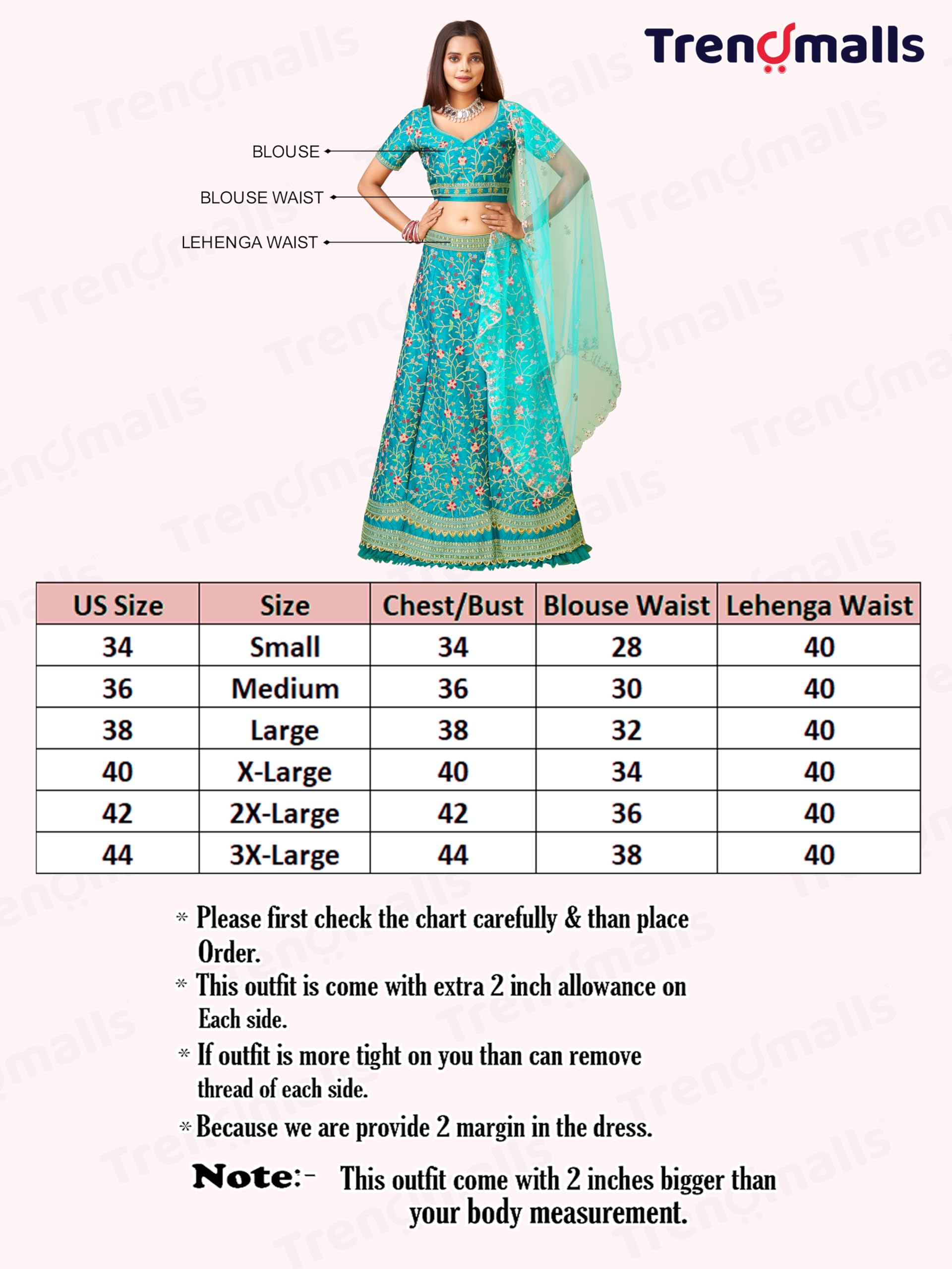 TRENDMALLS Women's Satin Embroidery work Wedding Lehenga Choli with Dupatta Ready To Wear - Image 6