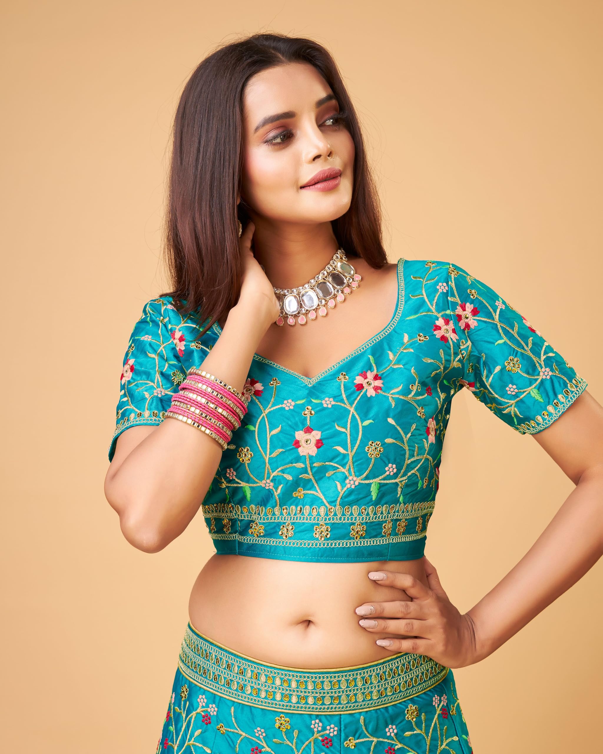 TRENDMALLS Women's Satin Embroidery work Wedding Lehenga Choli with Dupatta Ready To Wear - Image 9