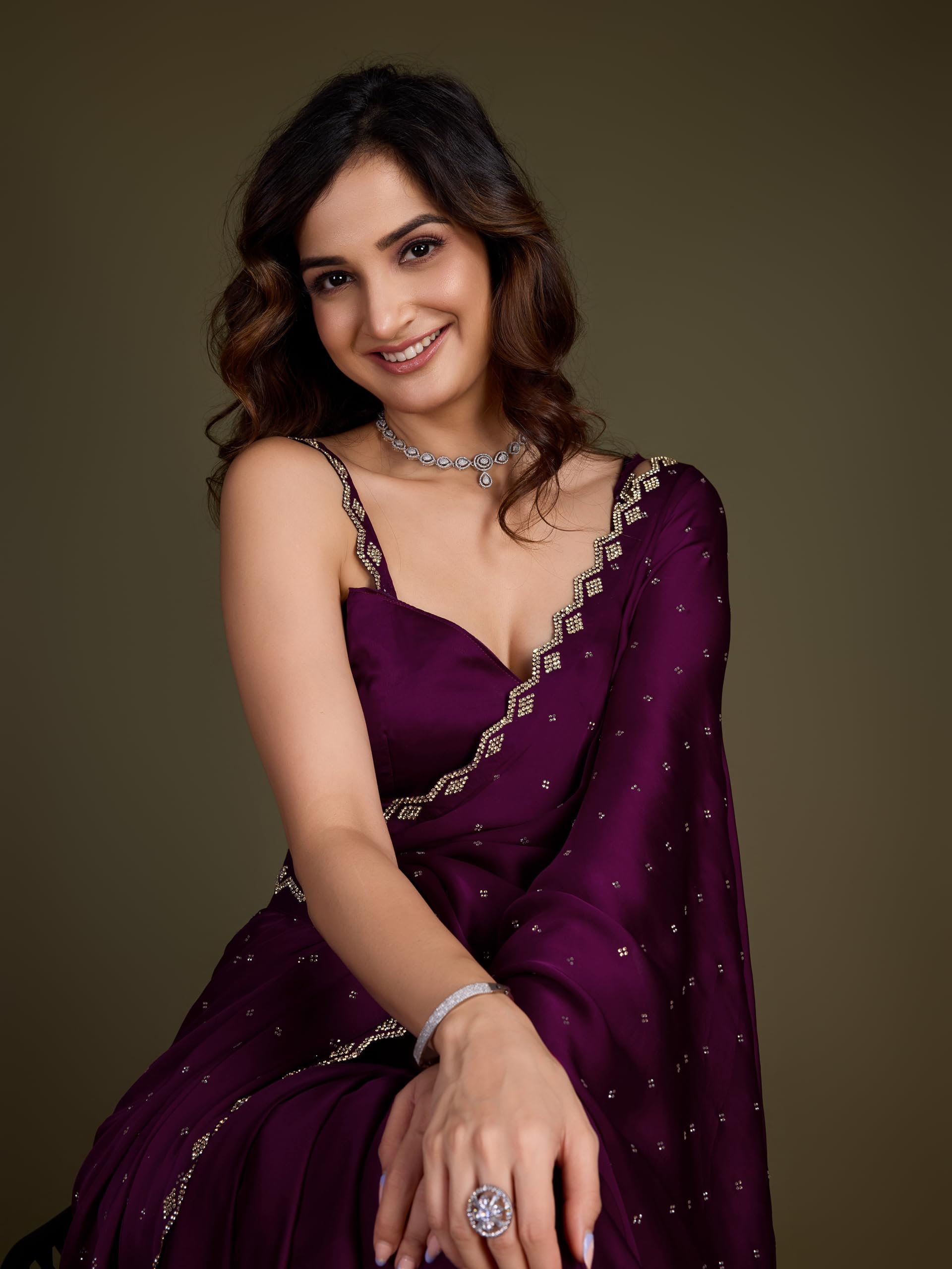 TRENDMALLS Women's Satin Silk Siroski Zarkan Work Saree with Unstitch Blouse Piece - Image 3