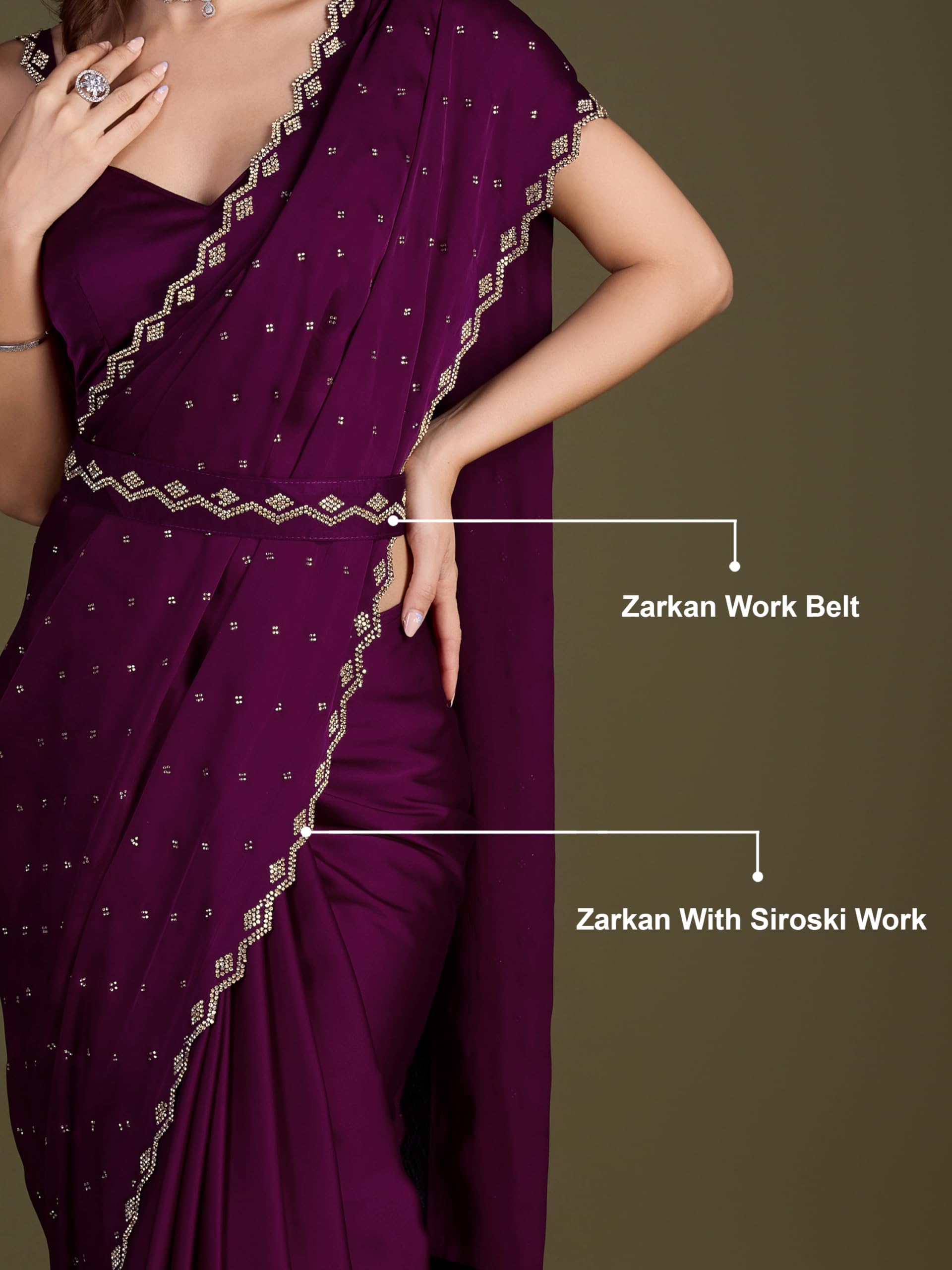 TRENDMALLS Women's Satin Silk Siroski Zarkan Work Saree with Unstitch Blouse Piece - Image 4
