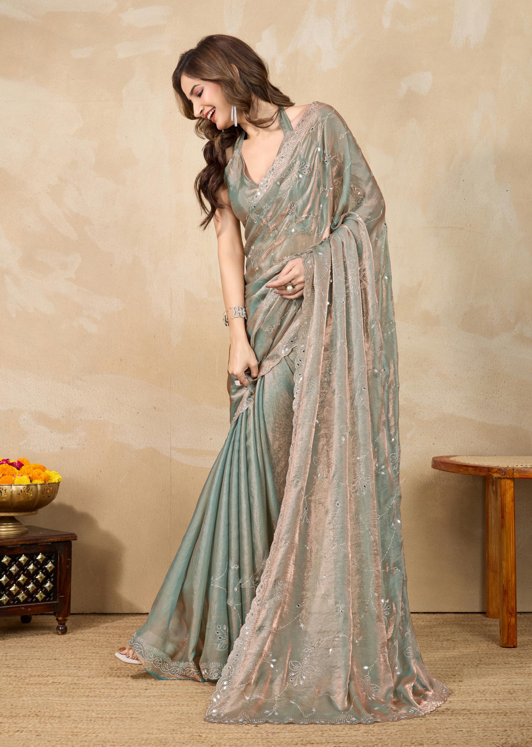 TRENDMALLS Women's Satin Siroski Mirror Work Saree with Unstitch Blouse Piece (K1158-SteelGreen) - Image 3