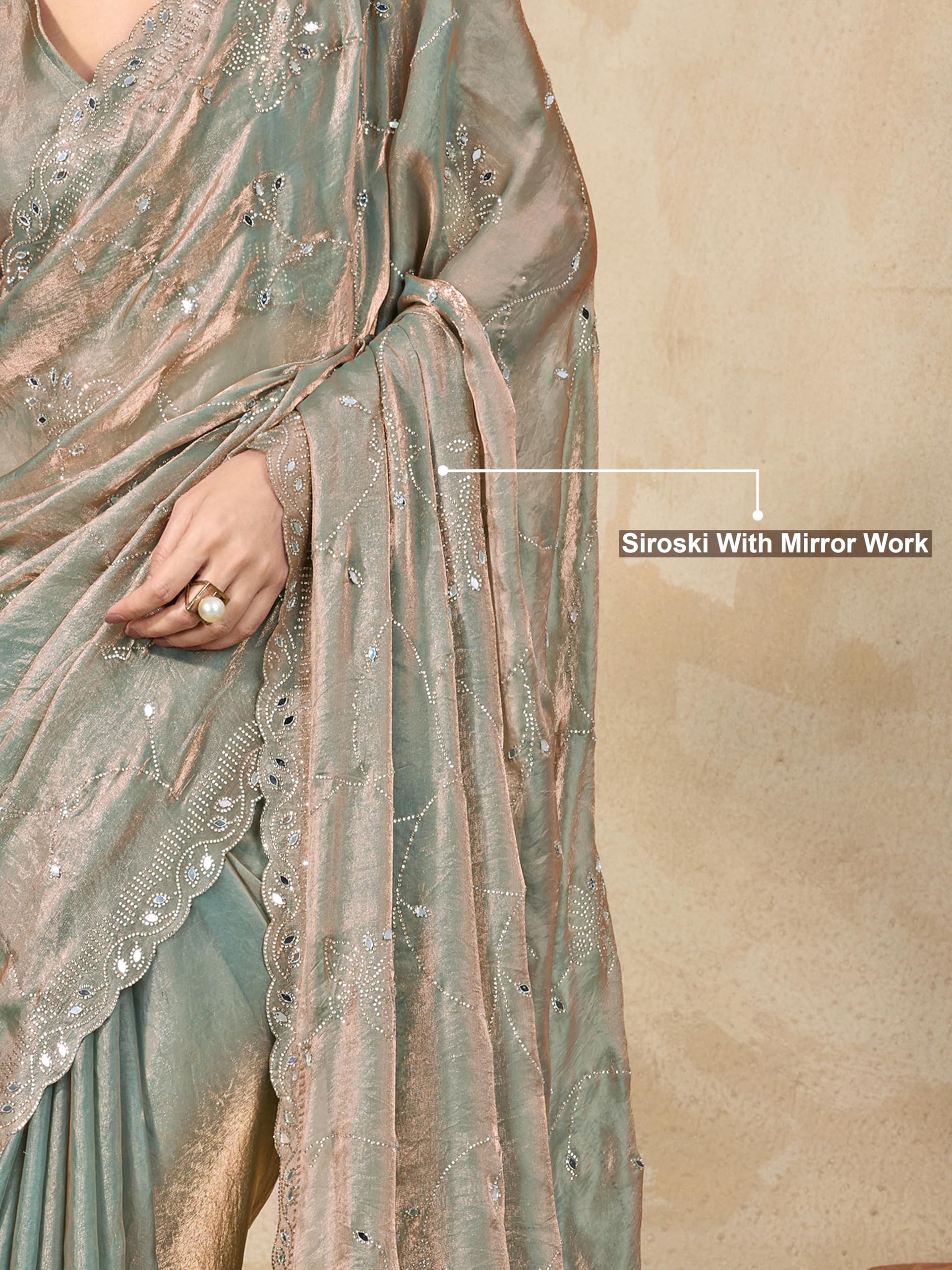 TRENDMALLS Women's Satin Siroski Mirror Work Saree with Unstitch Blouse Piece (K1158-SteelGreen) - Image 4