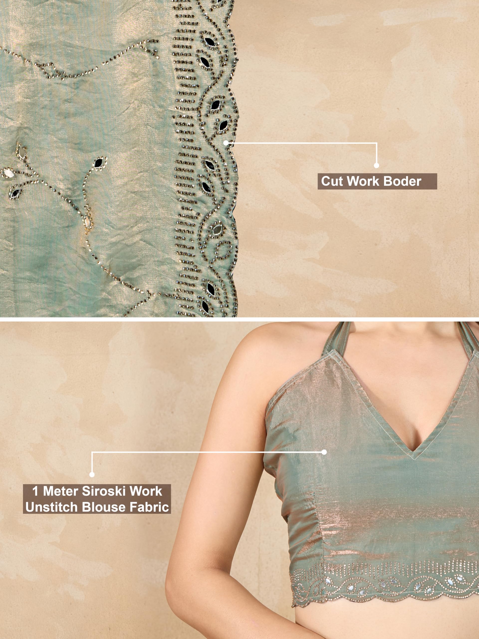 TRENDMALLS Women's Satin Siroski Mirror Work Saree with Unstitch Blouse Piece (K1158-SteelGreen) - Image 5