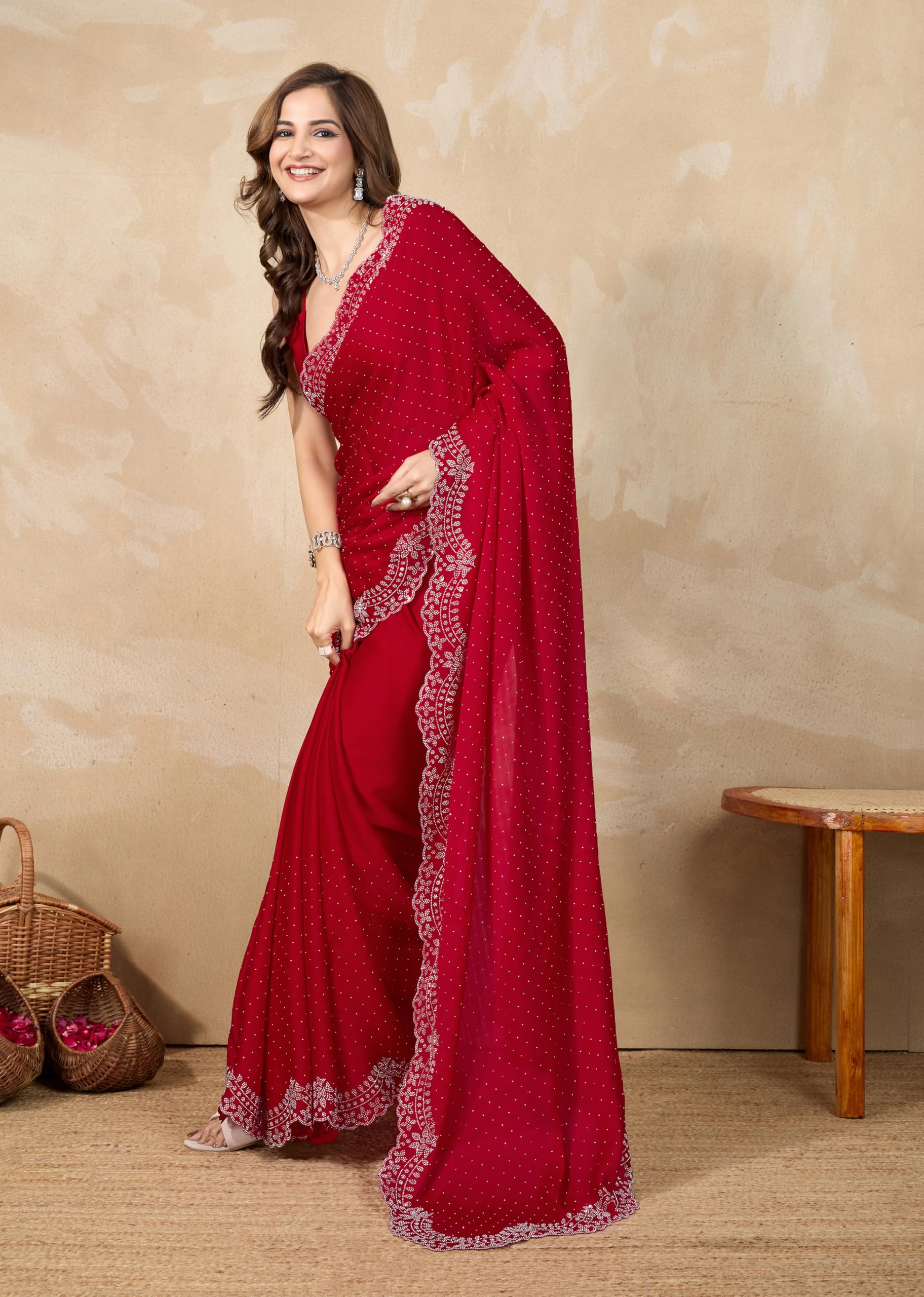 TRENDMALLS Women's Satin Siroski Work Saree with Unstitch Blouse Piece (K1187-Red) - Image 3