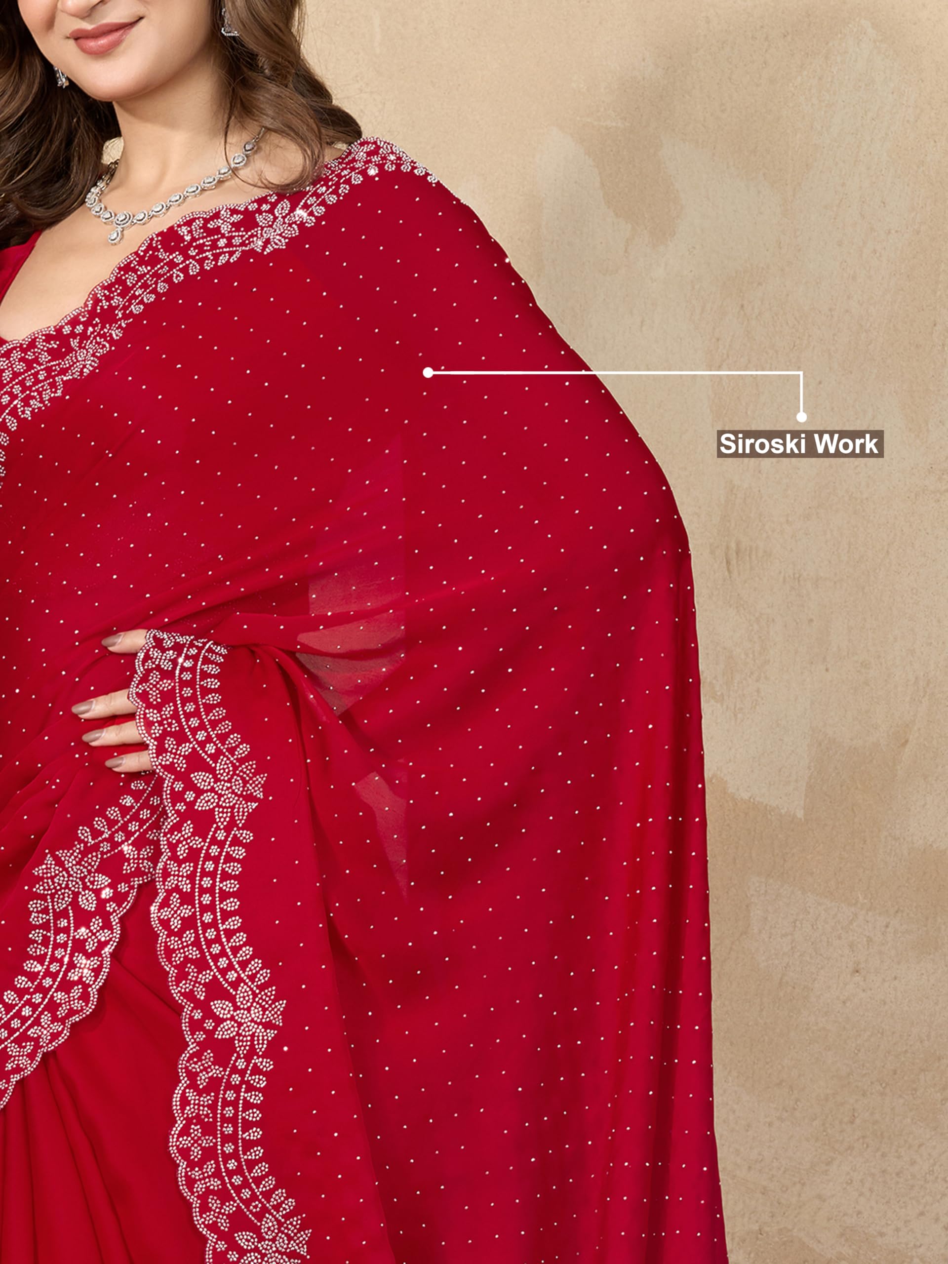 TRENDMALLS Women's Satin Siroski Work Saree with Unstitch Blouse Piece (K1187-Red) - Image 4