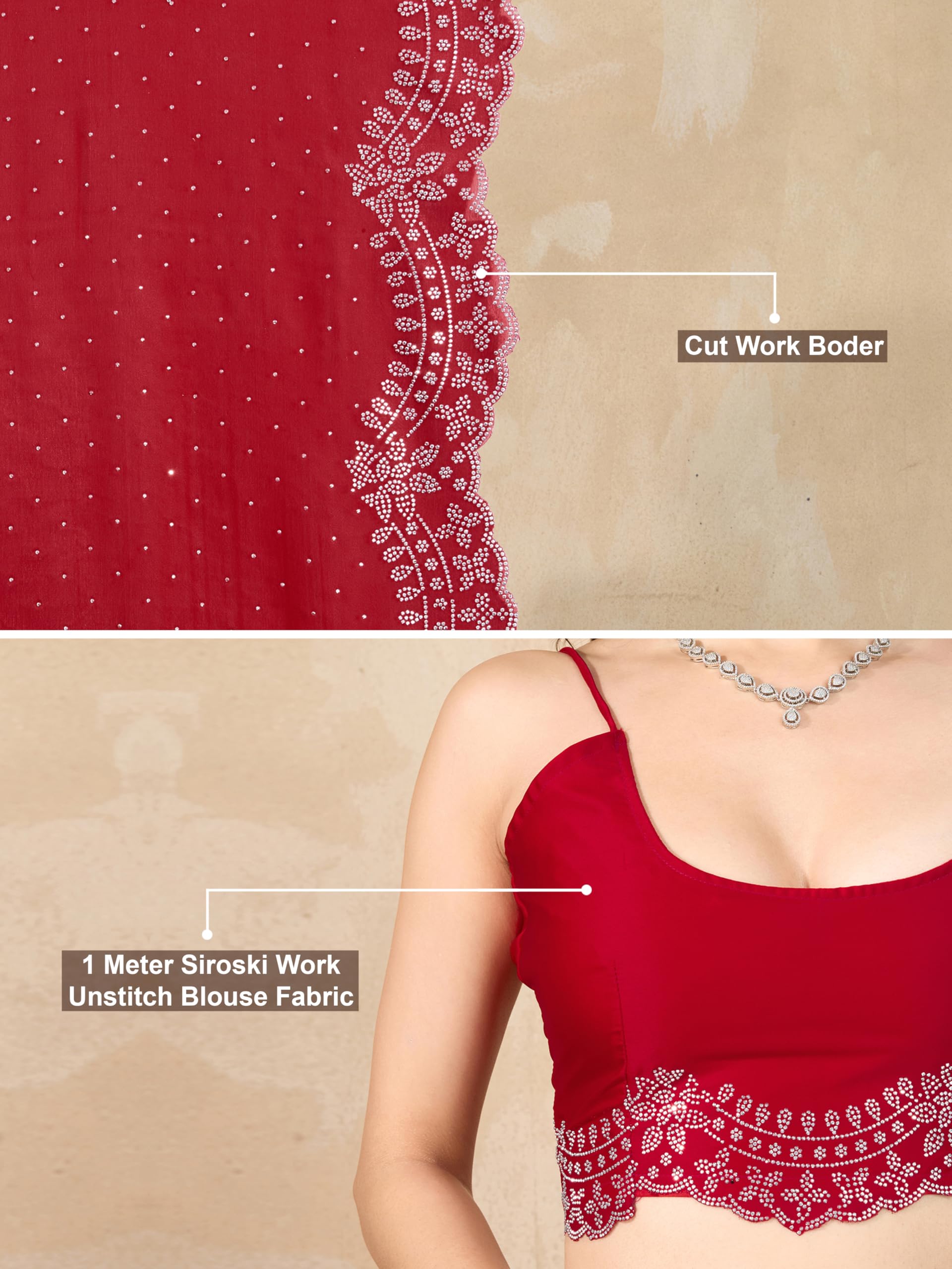 TRENDMALLS Women's Satin Siroski Work Saree with Unstitch Blouse Piece (K1187-Red) - Image 5