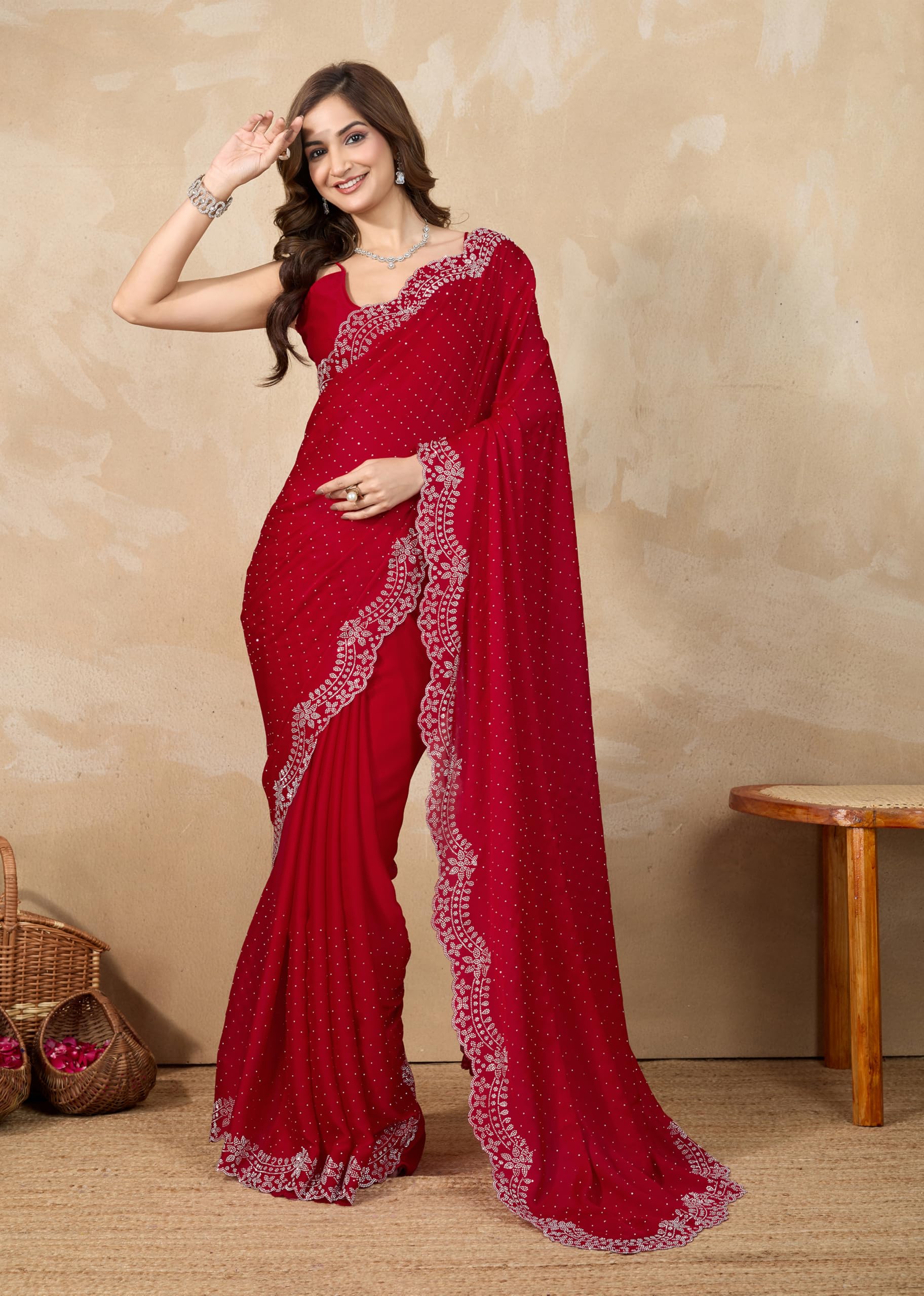 TRENDMALLS Women's Satin Siroski Work Saree with Unstitch Blouse Piece (K1187-Red) - Image 7