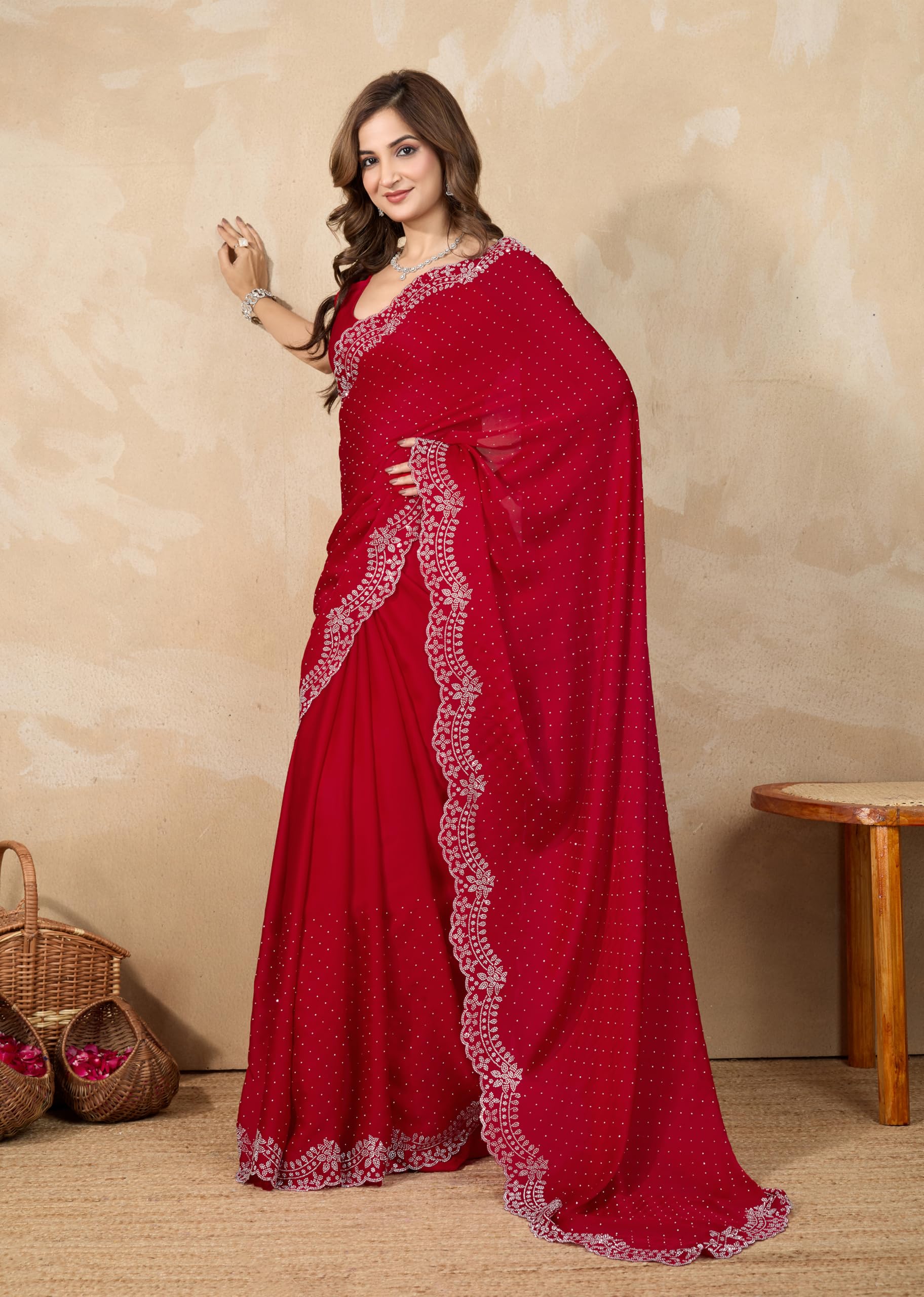 TRENDMALLS Women's Satin Siroski Work Saree with Unstitch Blouse Piece (K1187-Red) - Image 8