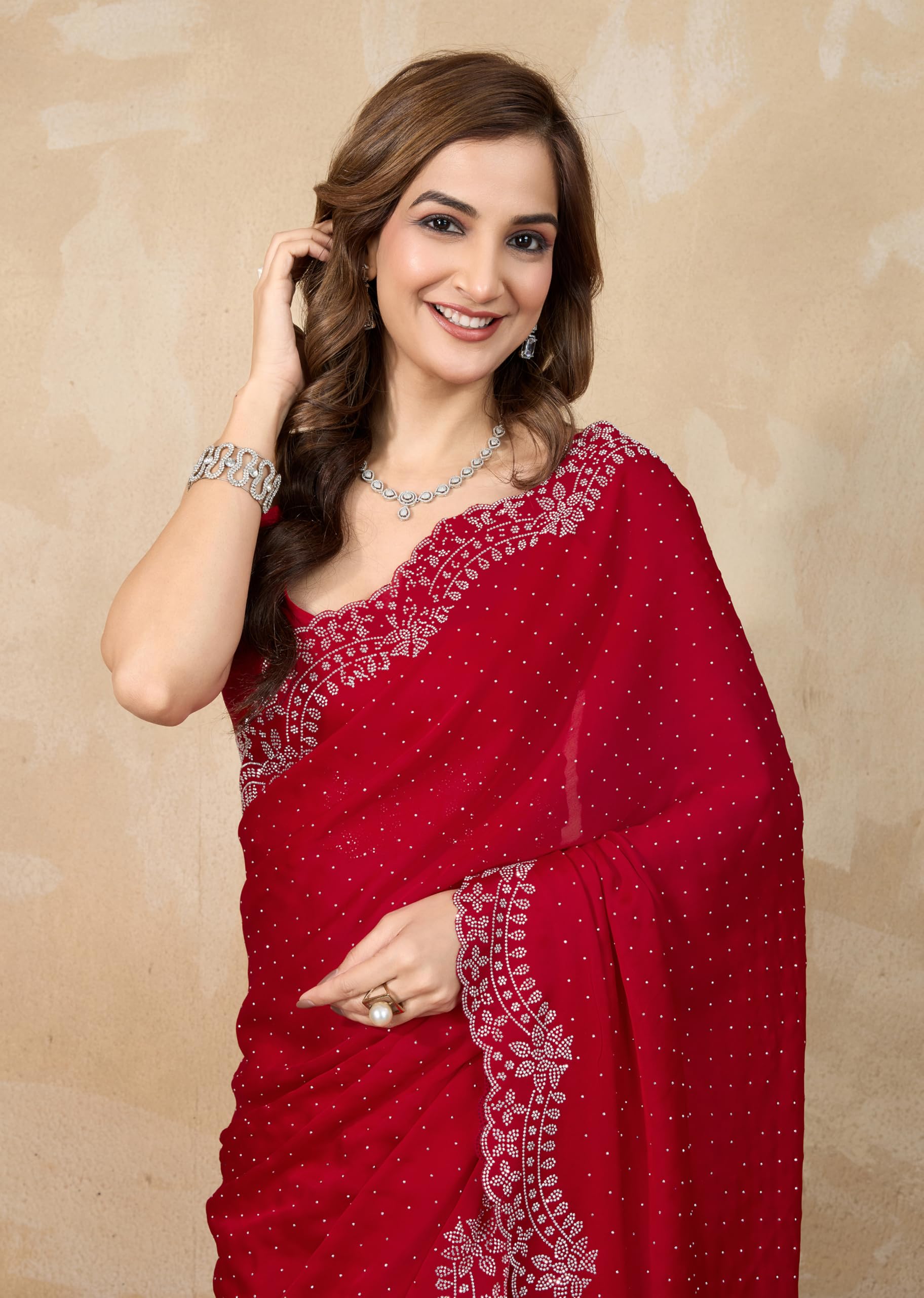 TRENDMALLS Women's Satin Siroski Work Saree with Unstitch Blouse Piece (K1187-Red) - Image 9