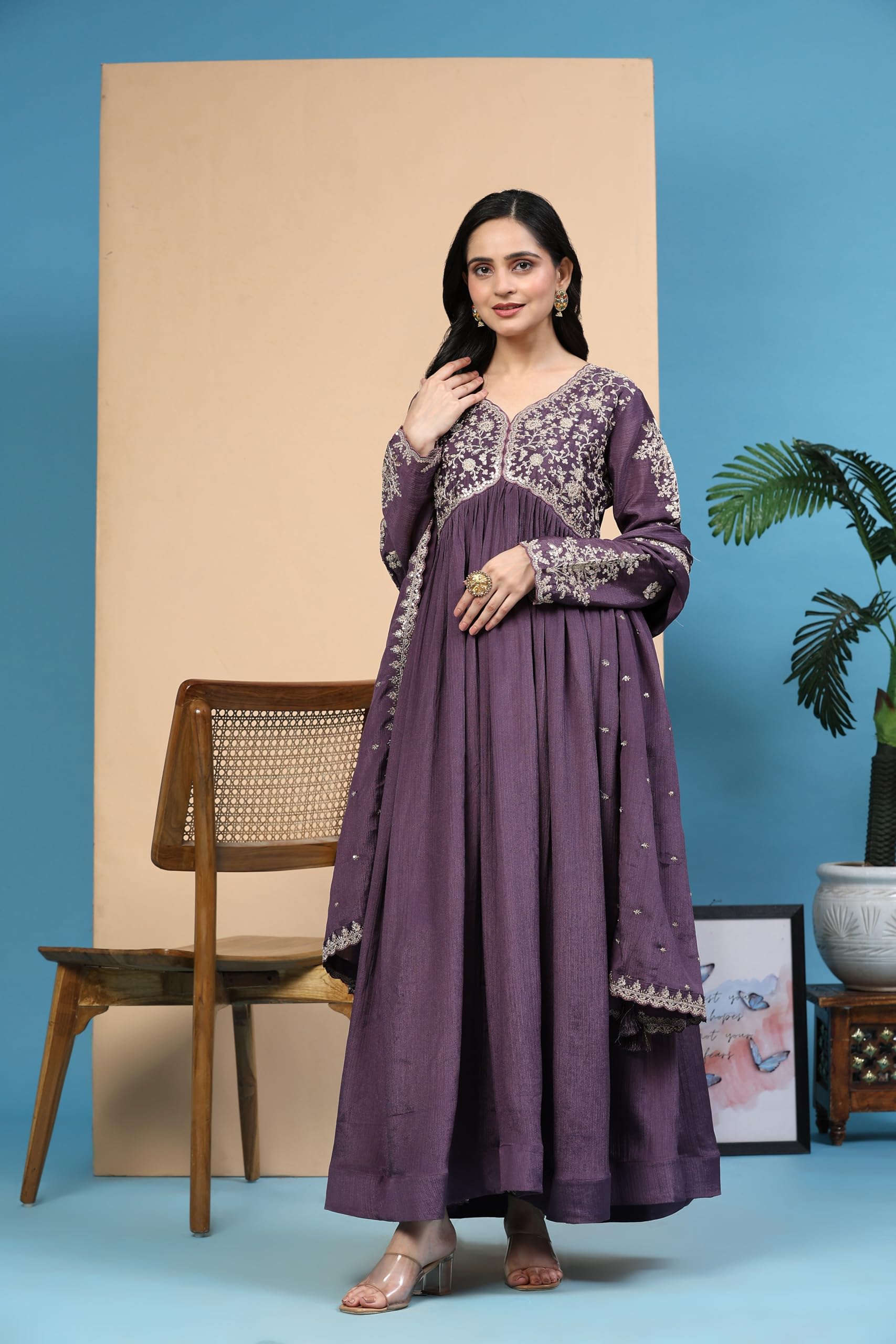 TRENDMALLS Women's Silk Blend Embroidery Alia Cut Kurta Pant Set with Dupatta - Image 7