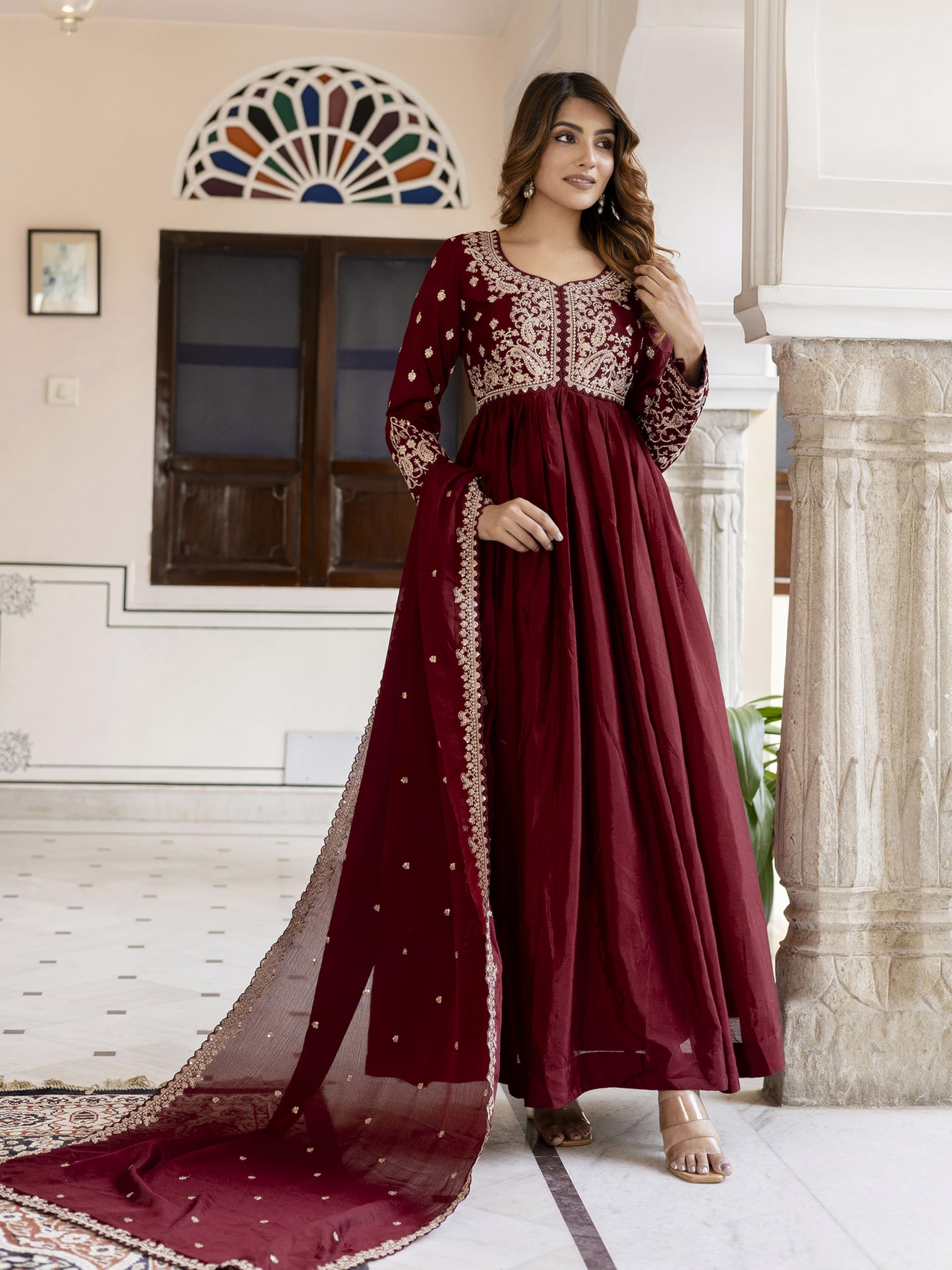 TRENDMALLS Women's Silk Blend Embroidery Anarkali Kurta Pant Set with Dupatta Salwar Suit Set for Women - Image 3